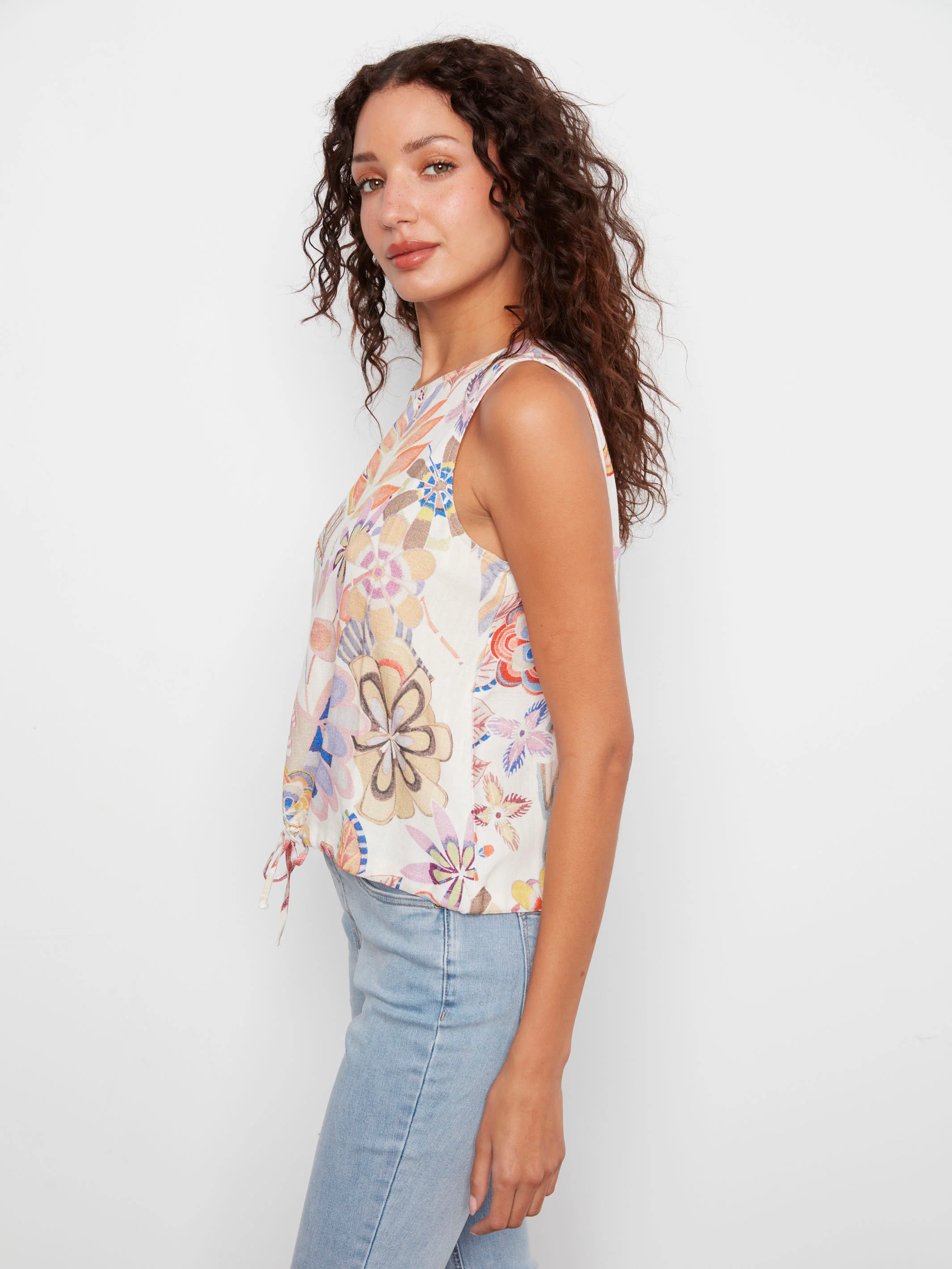 Printed Sleeveless Linen Blend Top With Drawcord - Maui - Image 3