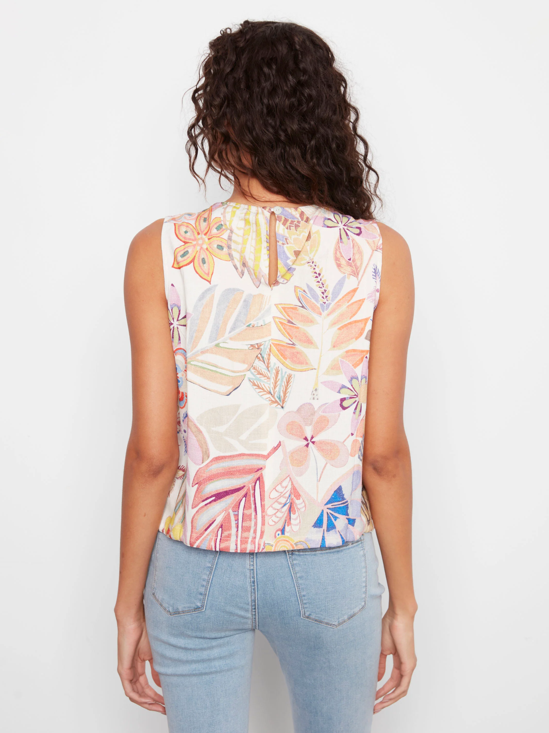 Printed Sleeveless Linen Blend Top With Drawcord - Maui - Image 4