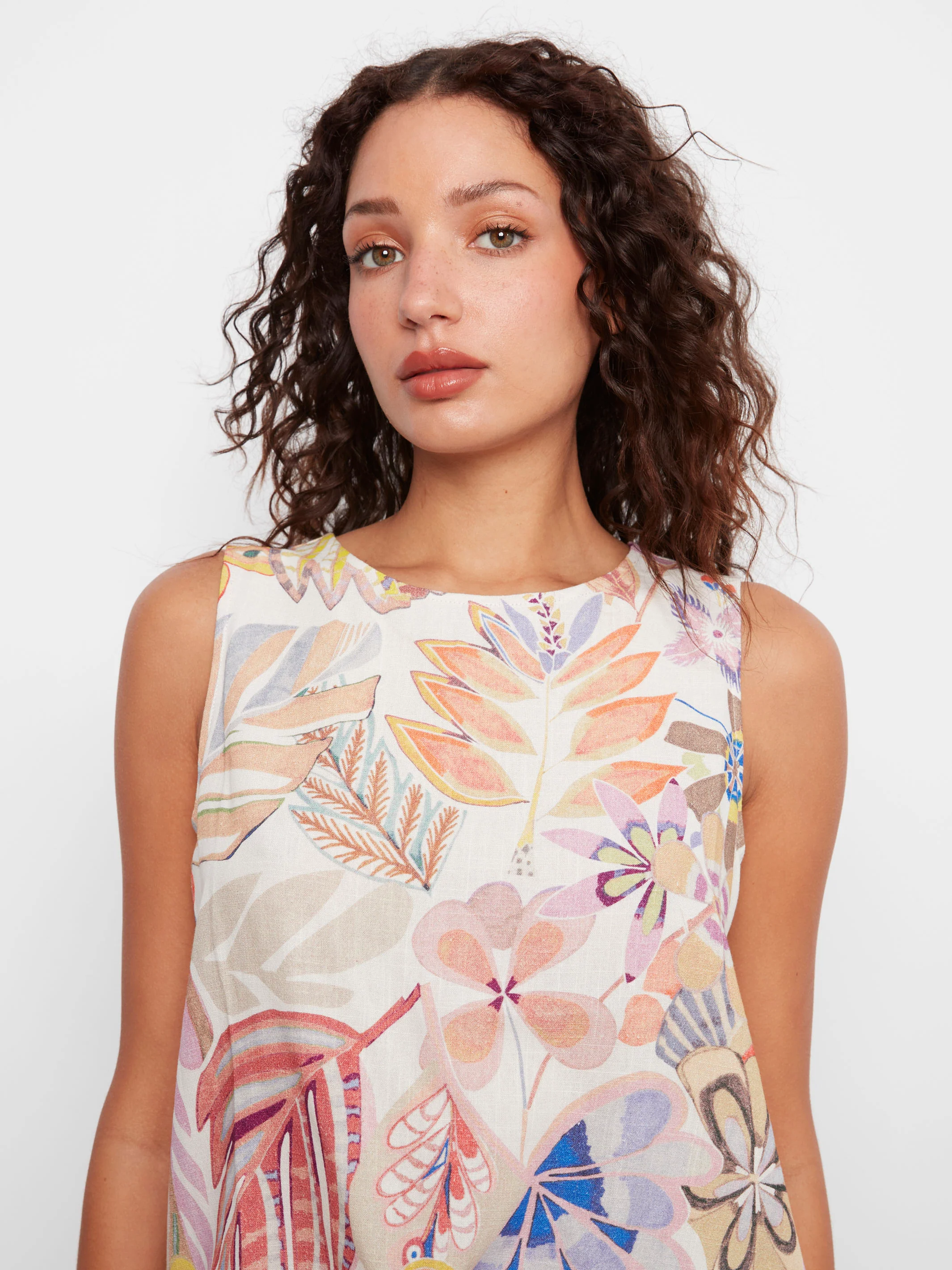 Printed Sleeveless Linen Blend Top With Drawcord - Maui - Image 5