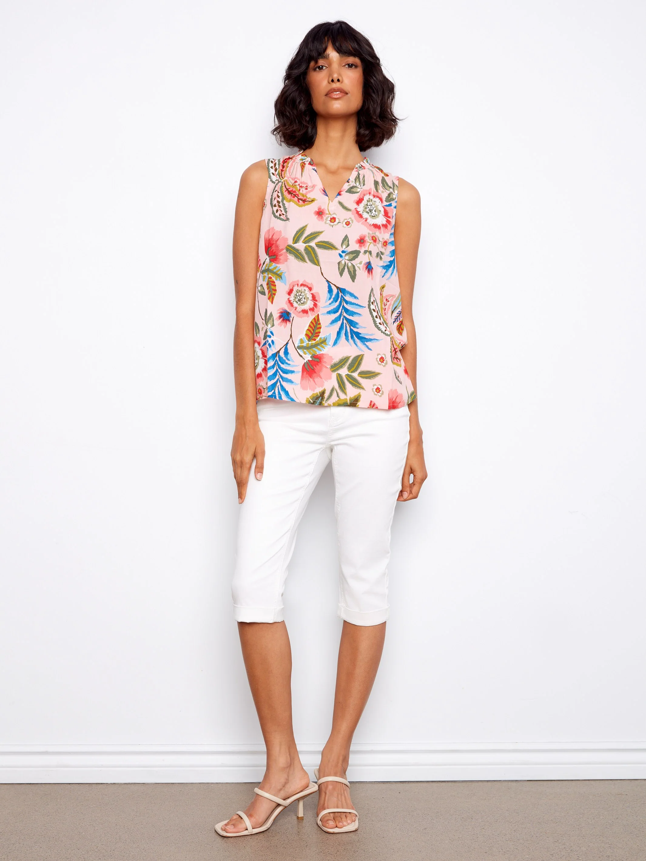 Printed Sleeveless Ruffle Neck Top - Gardenia - Image 2
