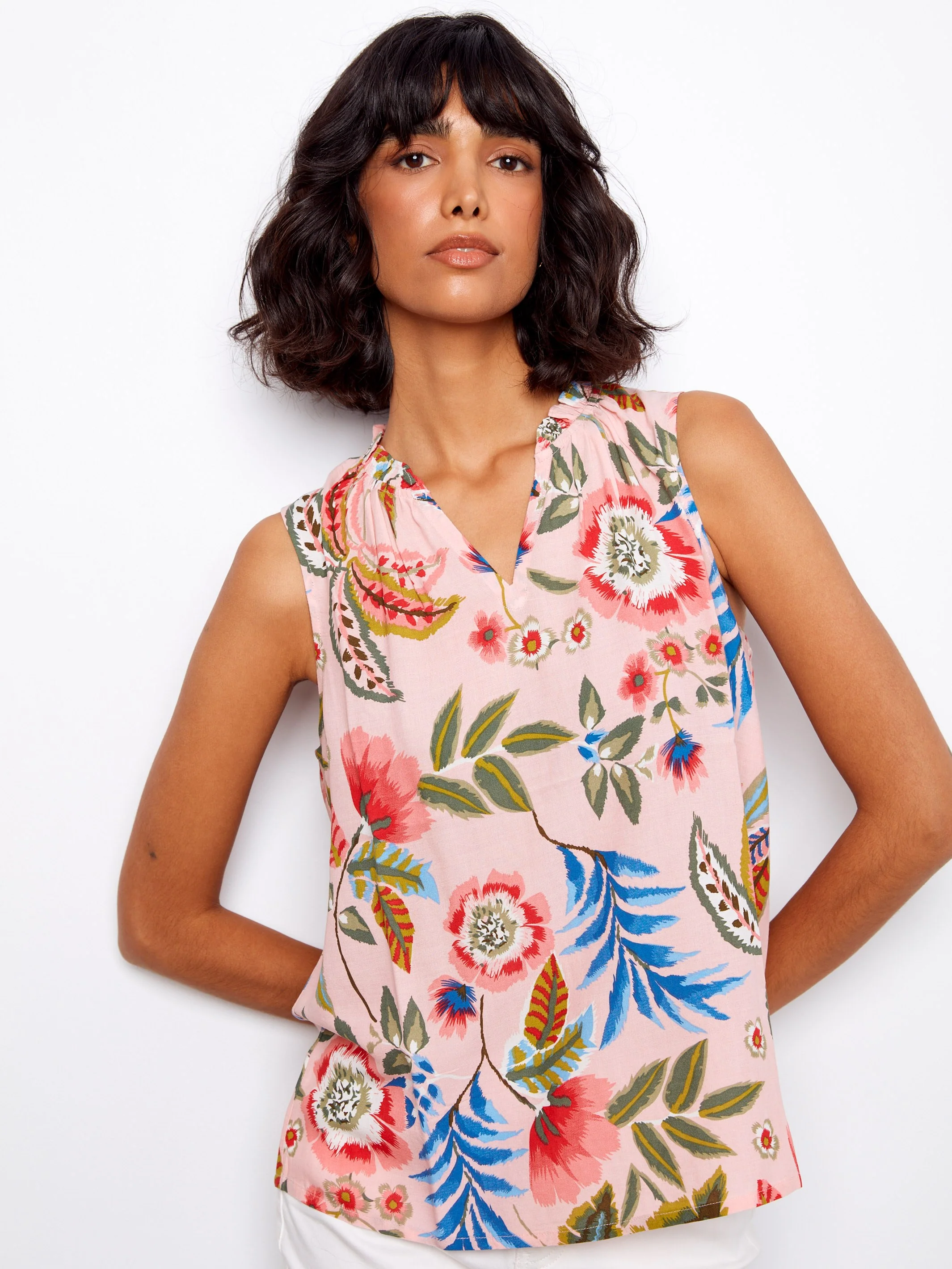 Printed Sleeveless Ruffle Neck Top - Gardenia - Image 3