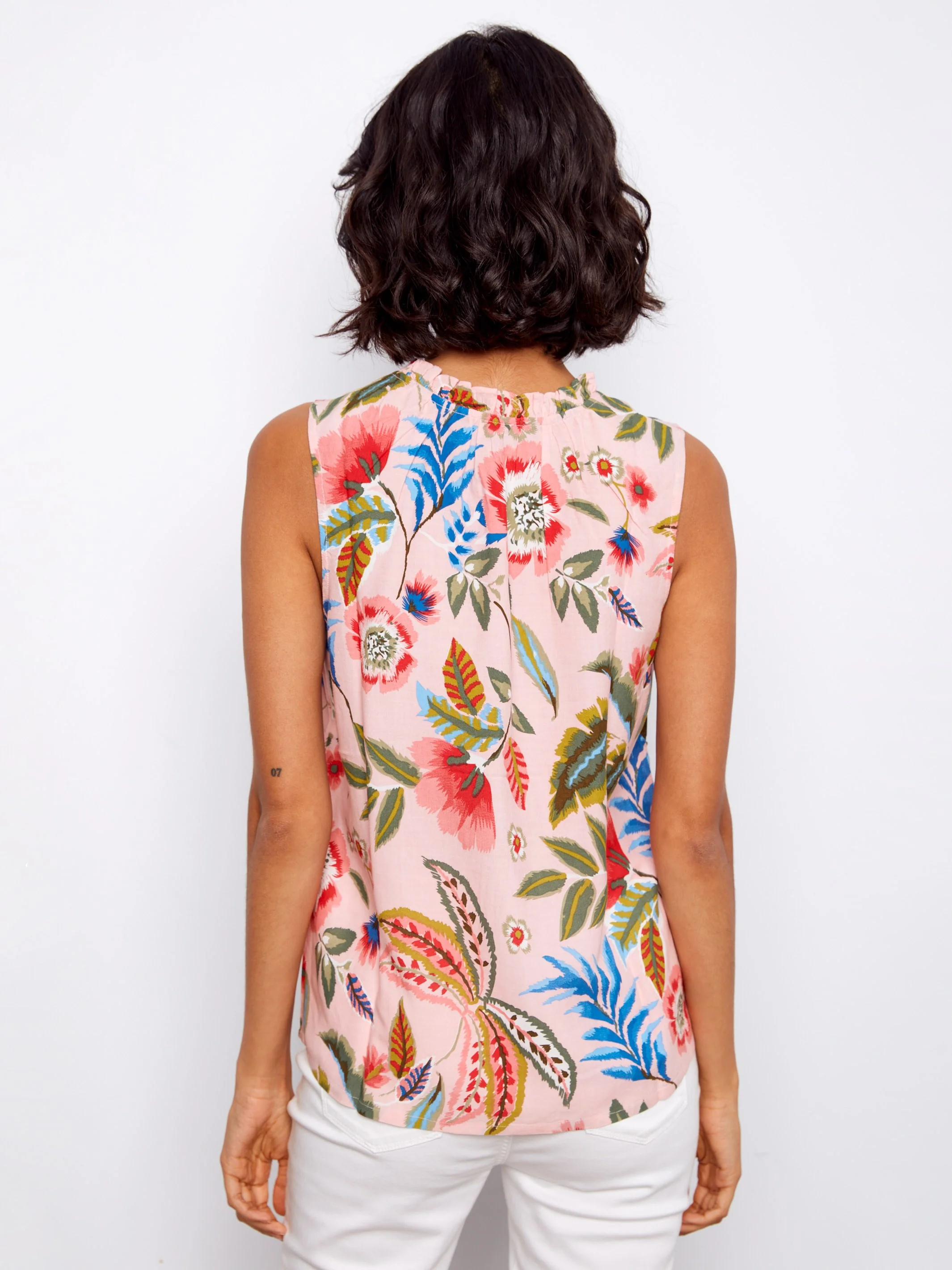 Printed Sleeveless Ruffle Neck Top - Gardenia - Image 4