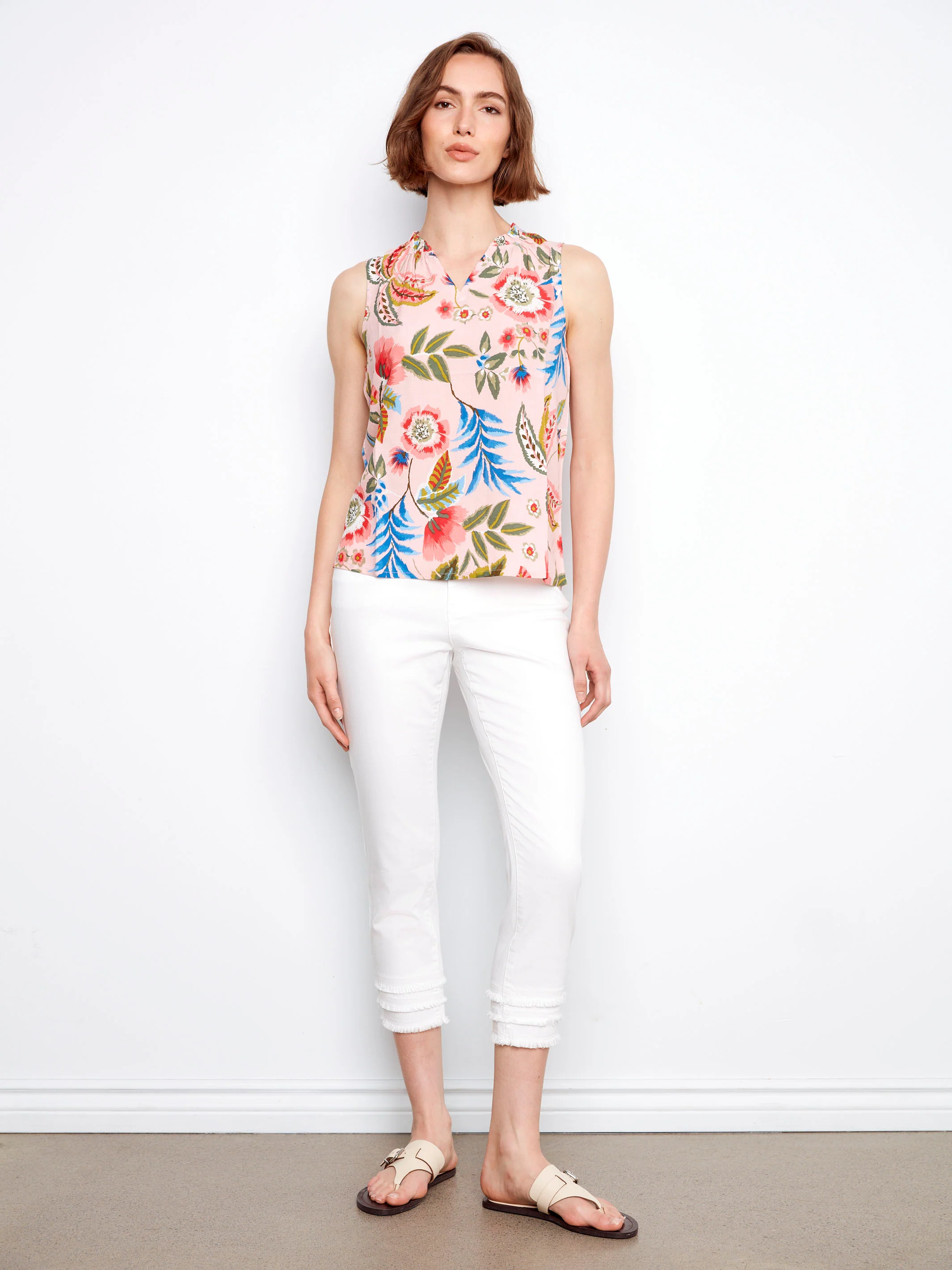 Printed Sleeveless Ruffle Neck Top - Gardenia - Image 5