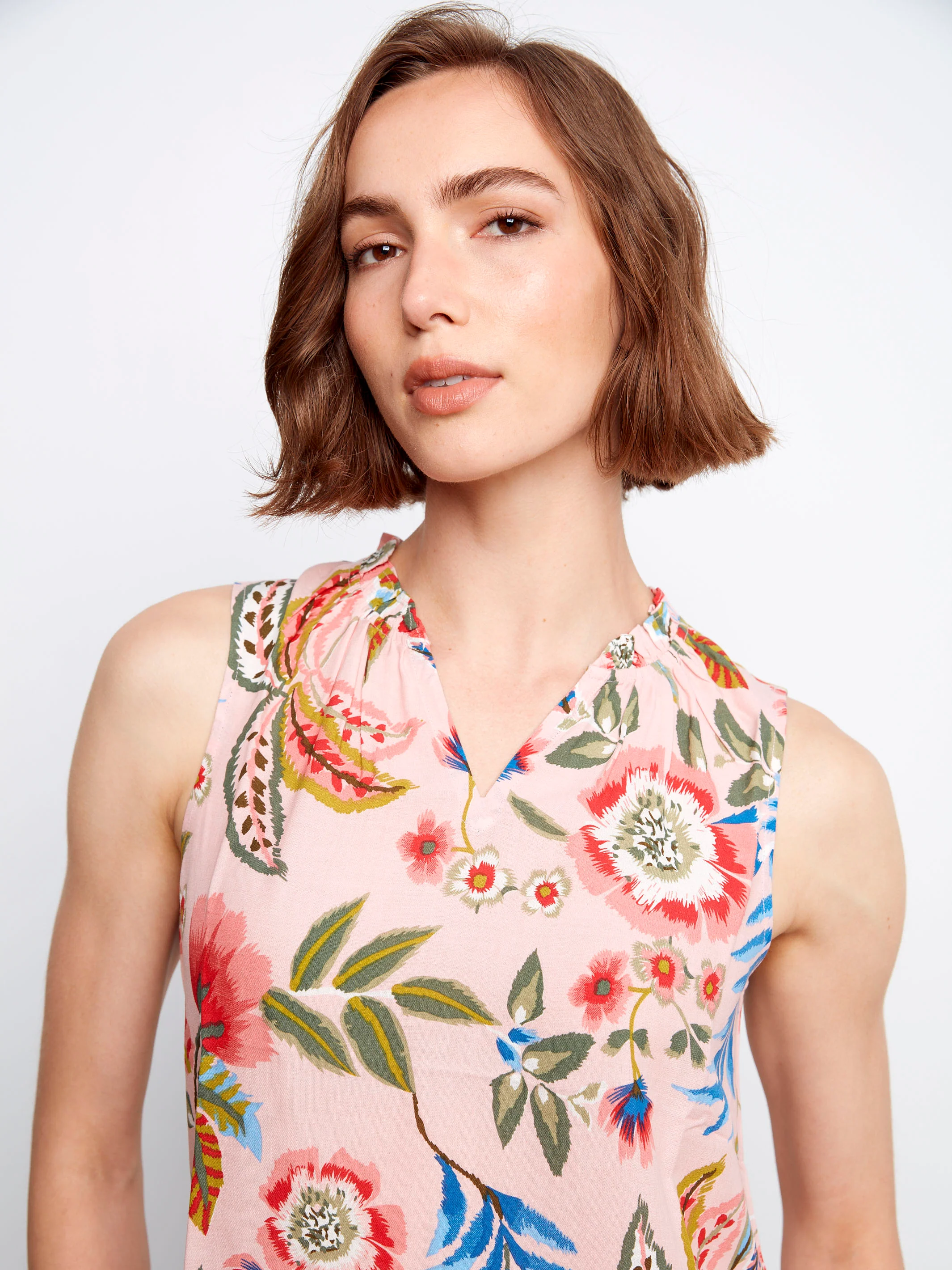 Printed Sleeveless Ruffle Neck Top - Gardenia - Image 6