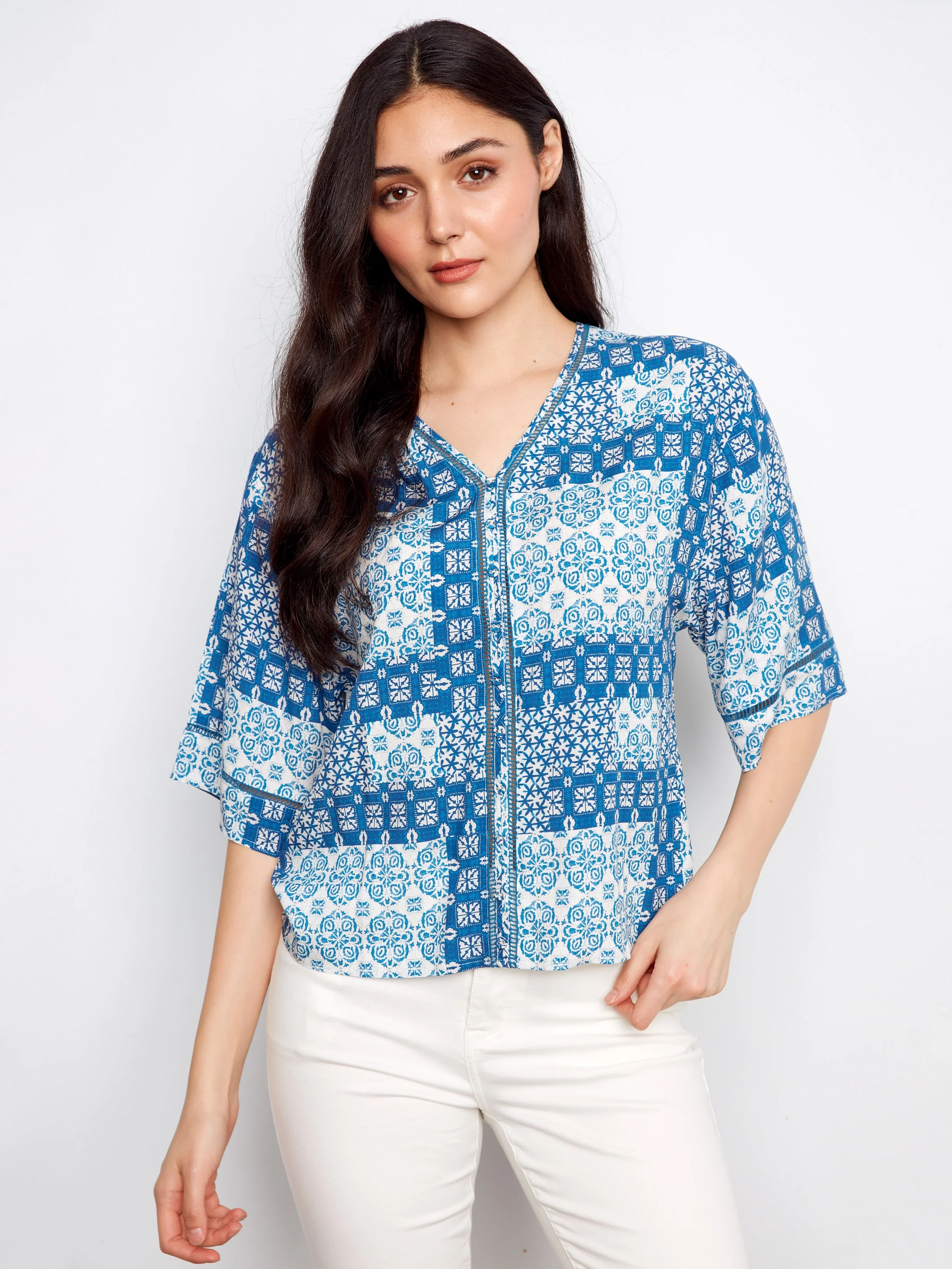 Printed Viscose V-Neck Blouse - Abstract