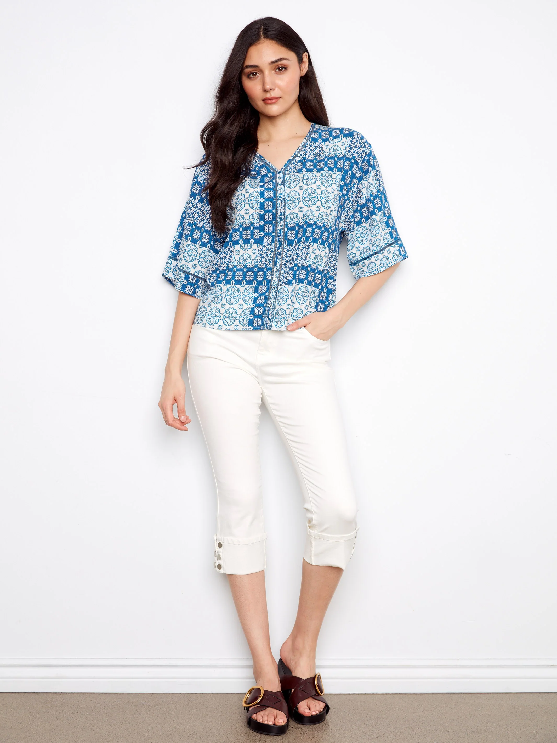 Printed Viscose V-Neck Blouse - Abstract - Image 2