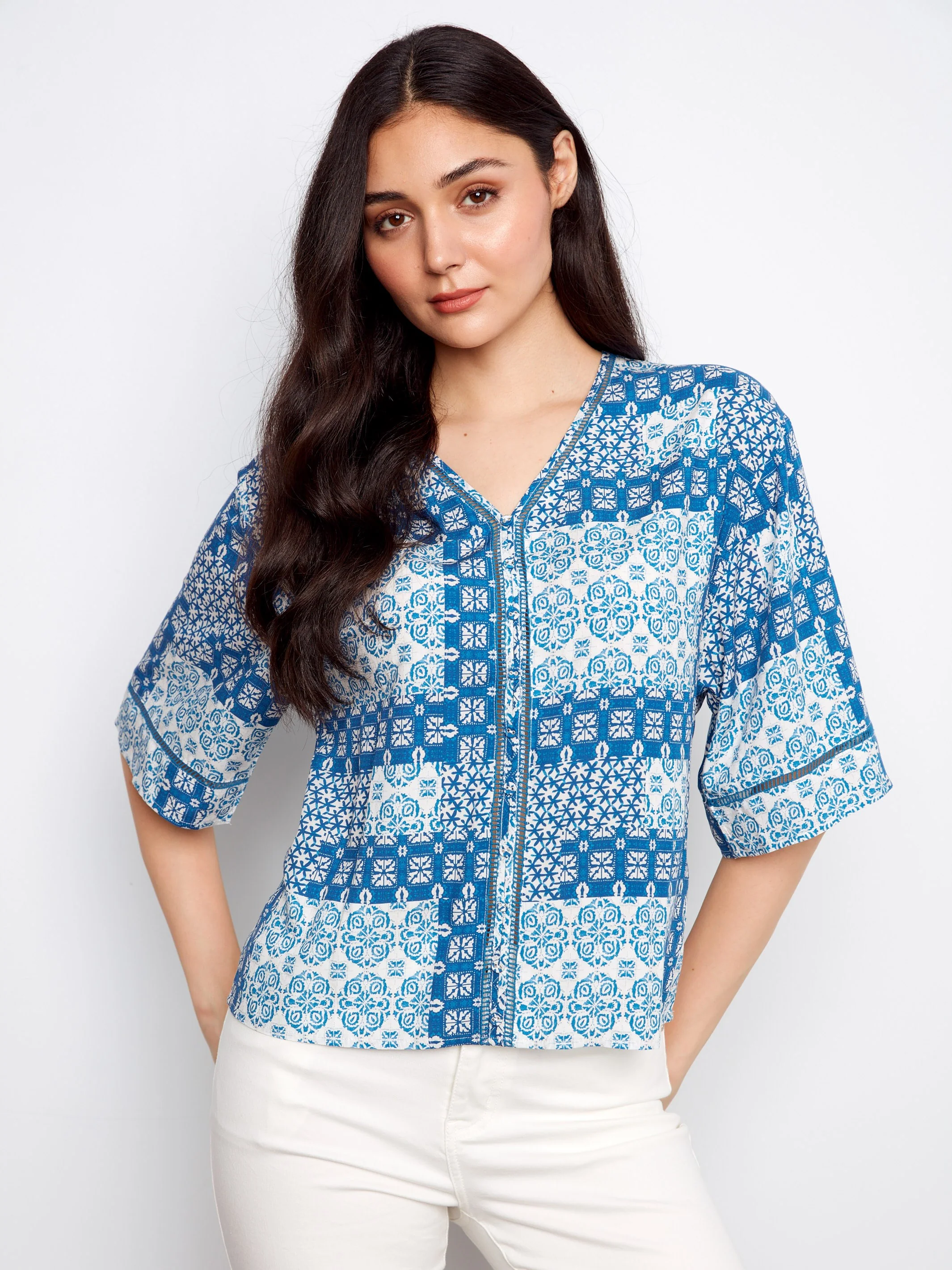 Printed Viscose V-Neck Blouse - Abstract - Image 3