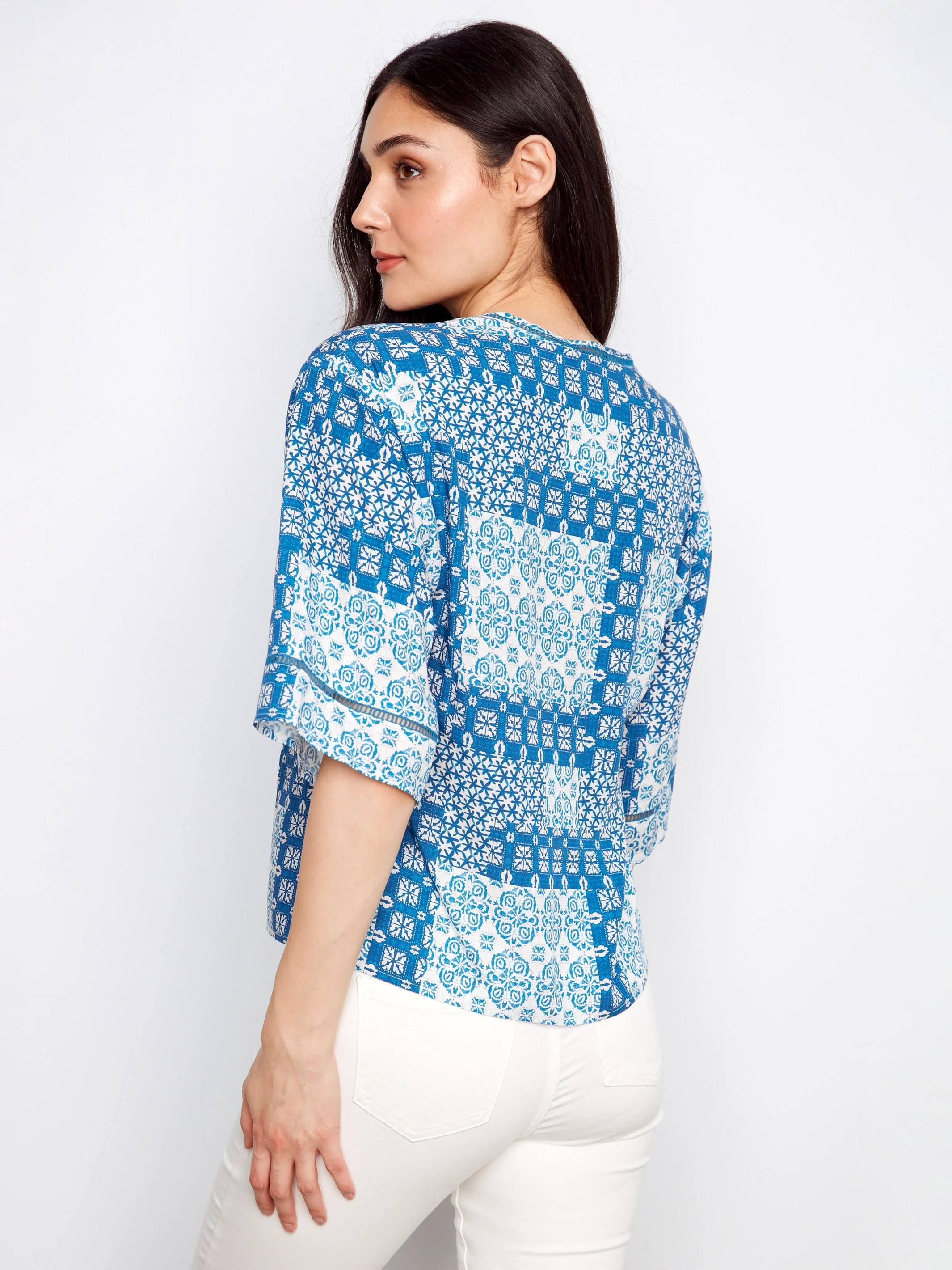 Printed Viscose V-Neck Blouse - Abstract - Image 4