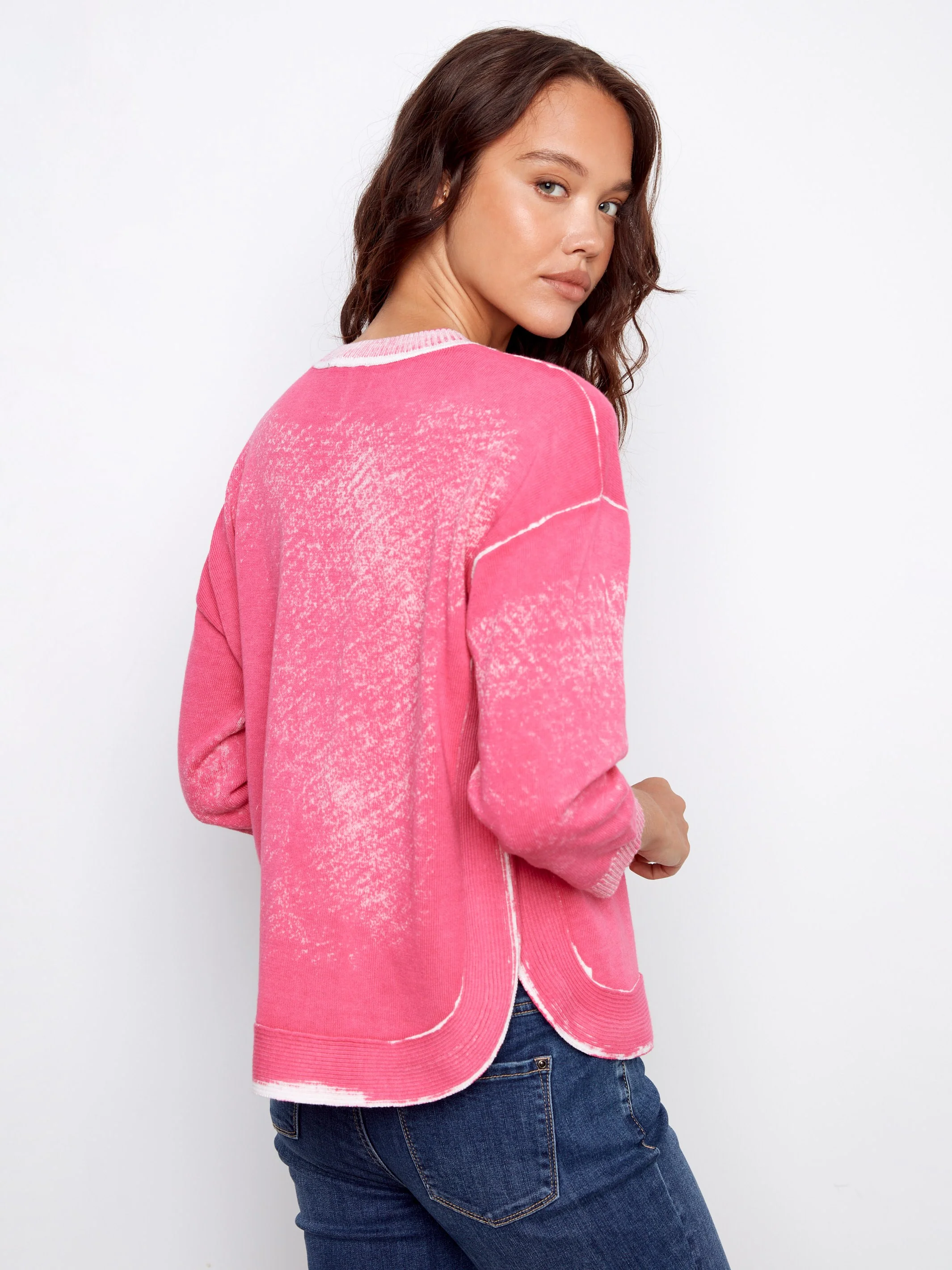 Rounded Hem Cotton Sweater - Fuchsia - Image 3