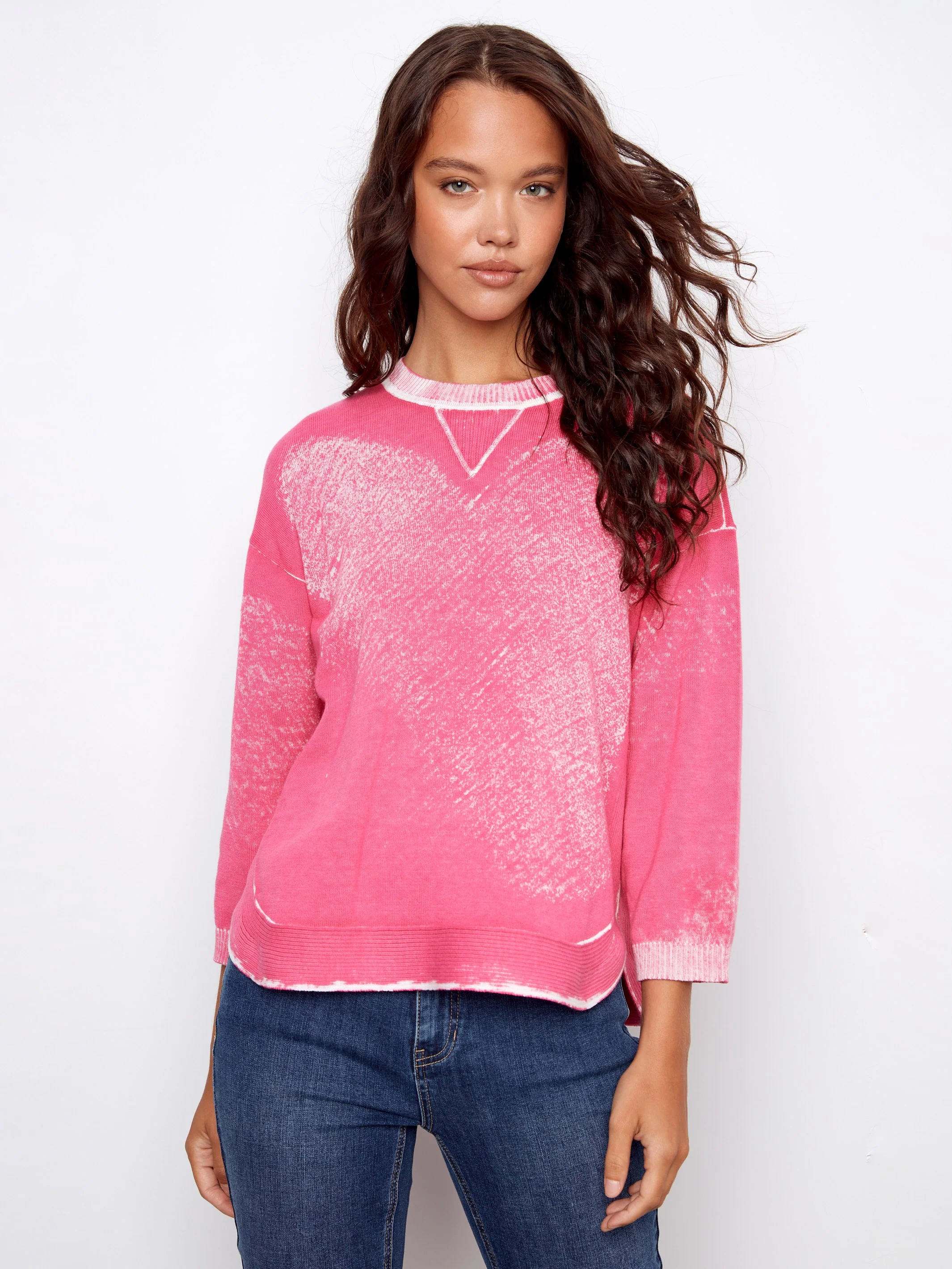 Rounded Hem Cotton Sweater - Fuchsia - Image 4