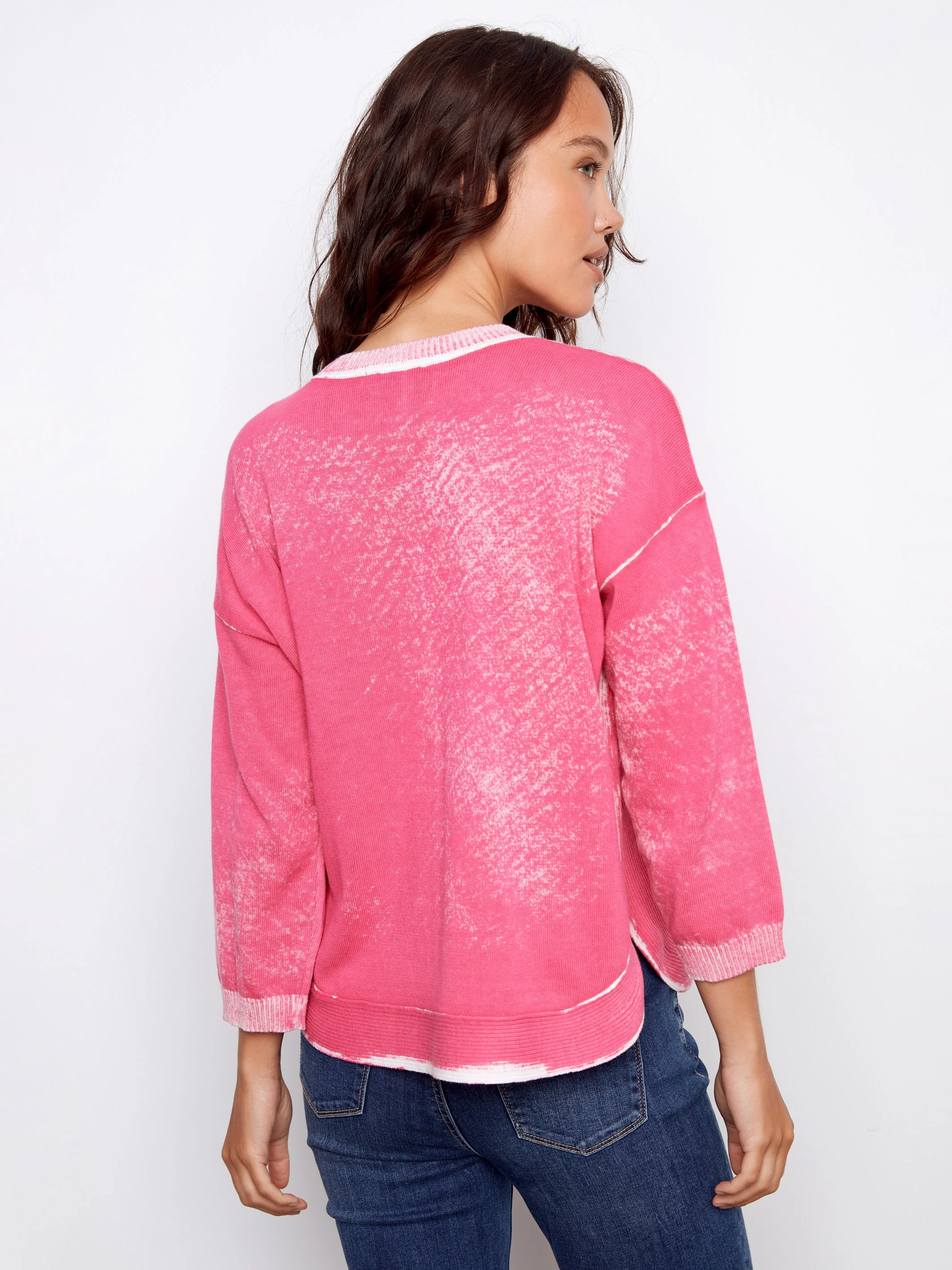 Rounded Hem Cotton Sweater - Fuchsia - Image 5