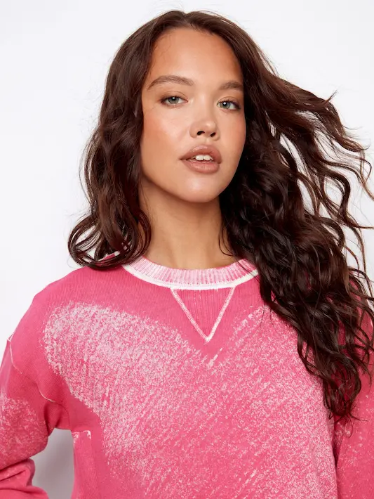 Rounded Hem Cotton Sweater - Fuchsia - Image 6