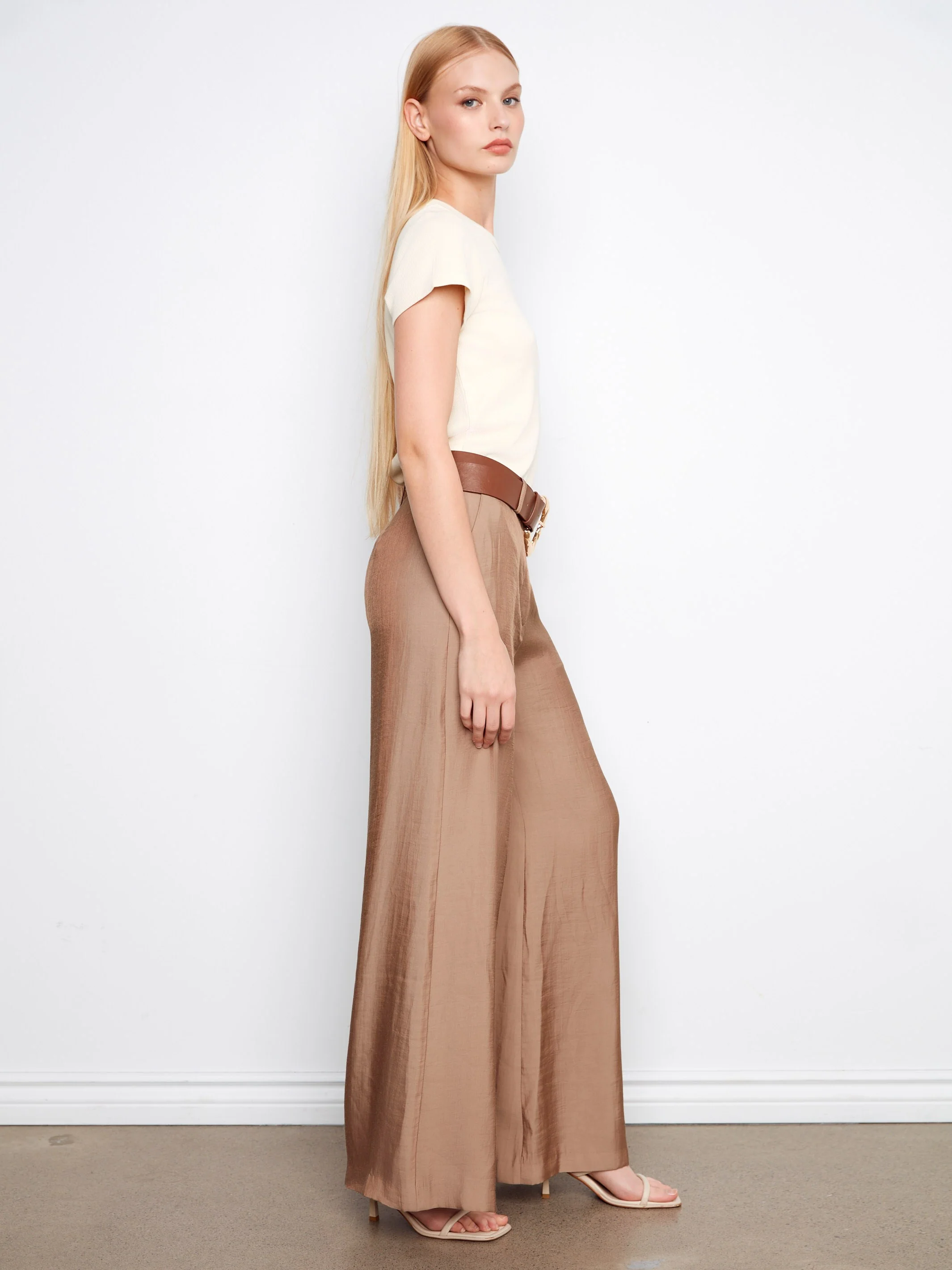 Satin Belted Wide Leg Pants - Sand - Image 4