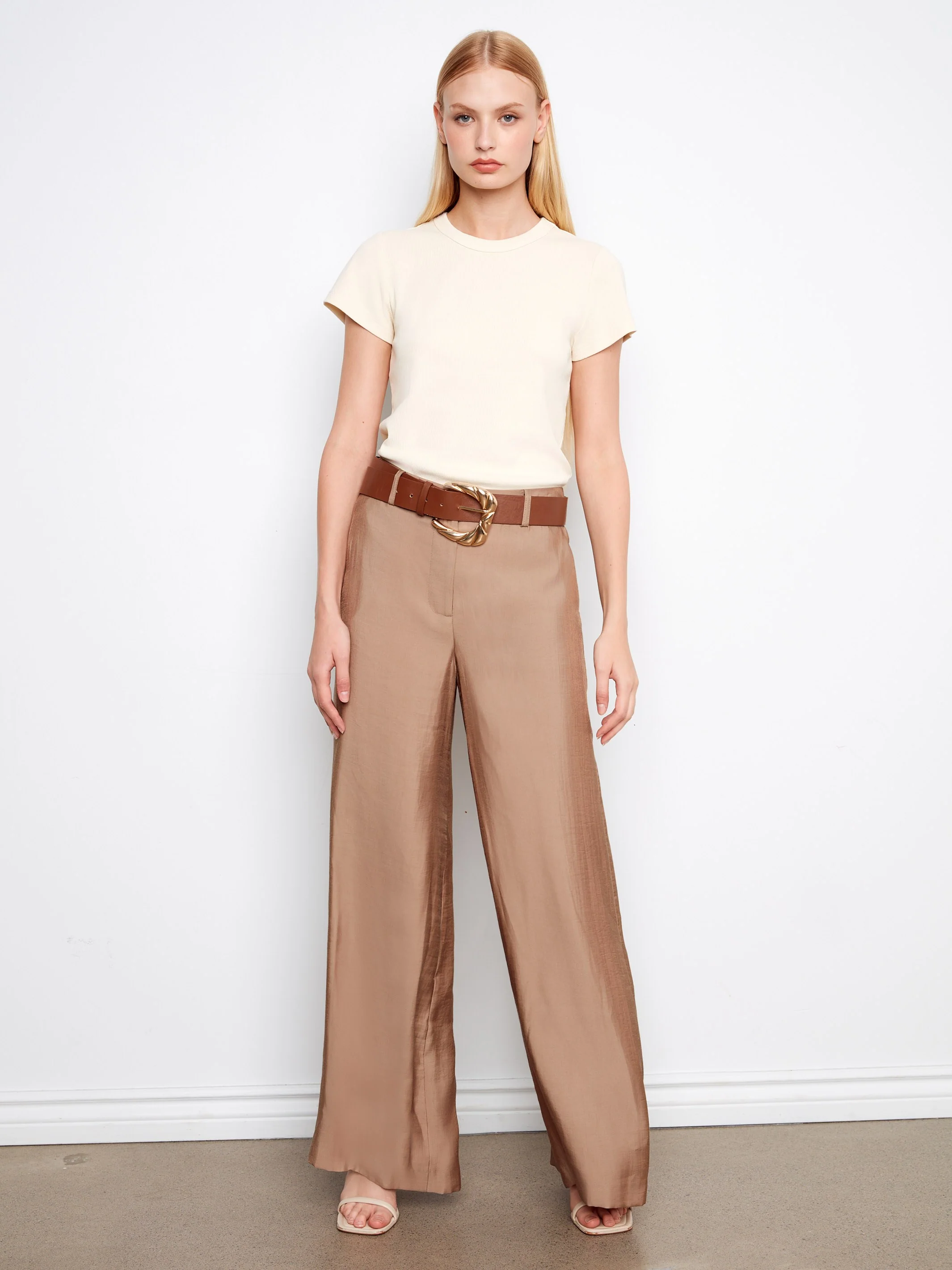 Satin Belted Wide Leg Pants - Sand - Image 5