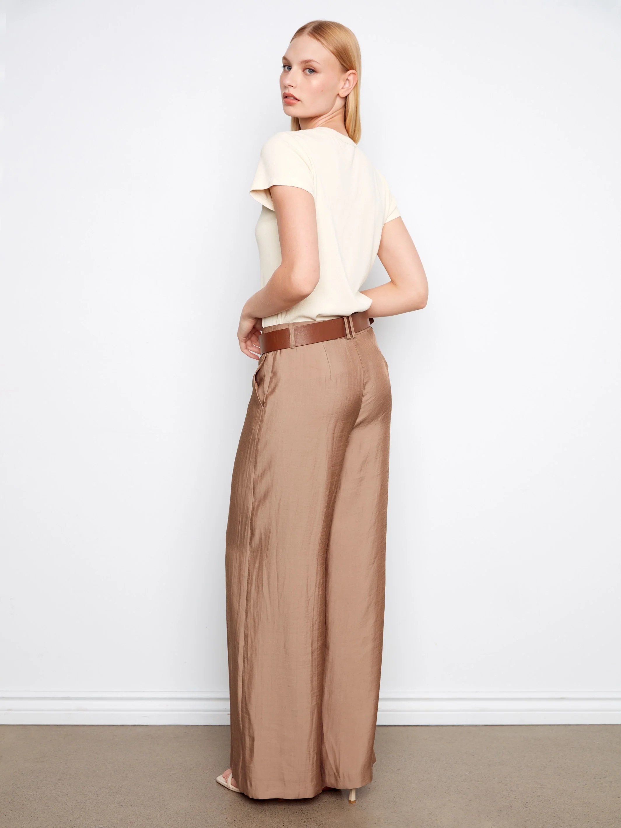Satin Belted Wide Leg Pants - Sand - Image 6