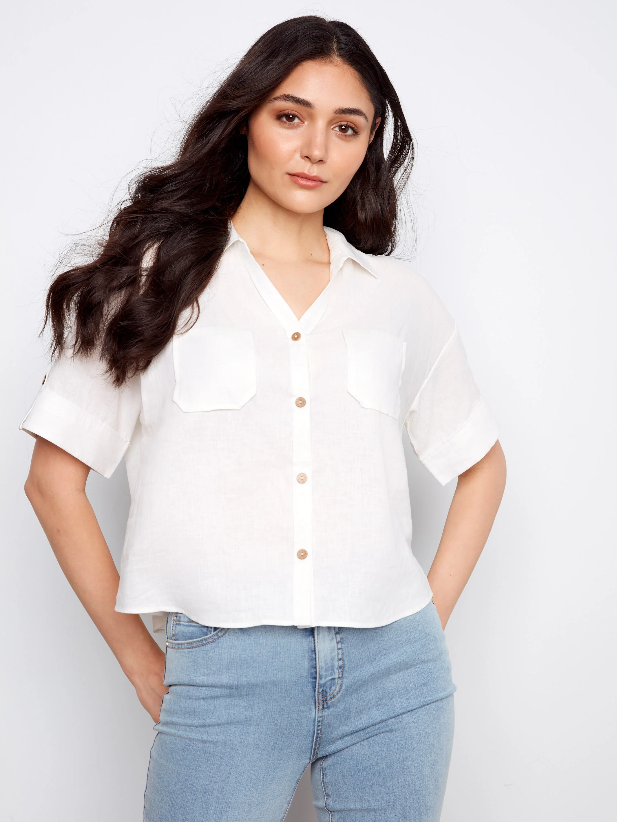 Short Sleeve Button-Front Linen Blend Shirt - White - Image 3
