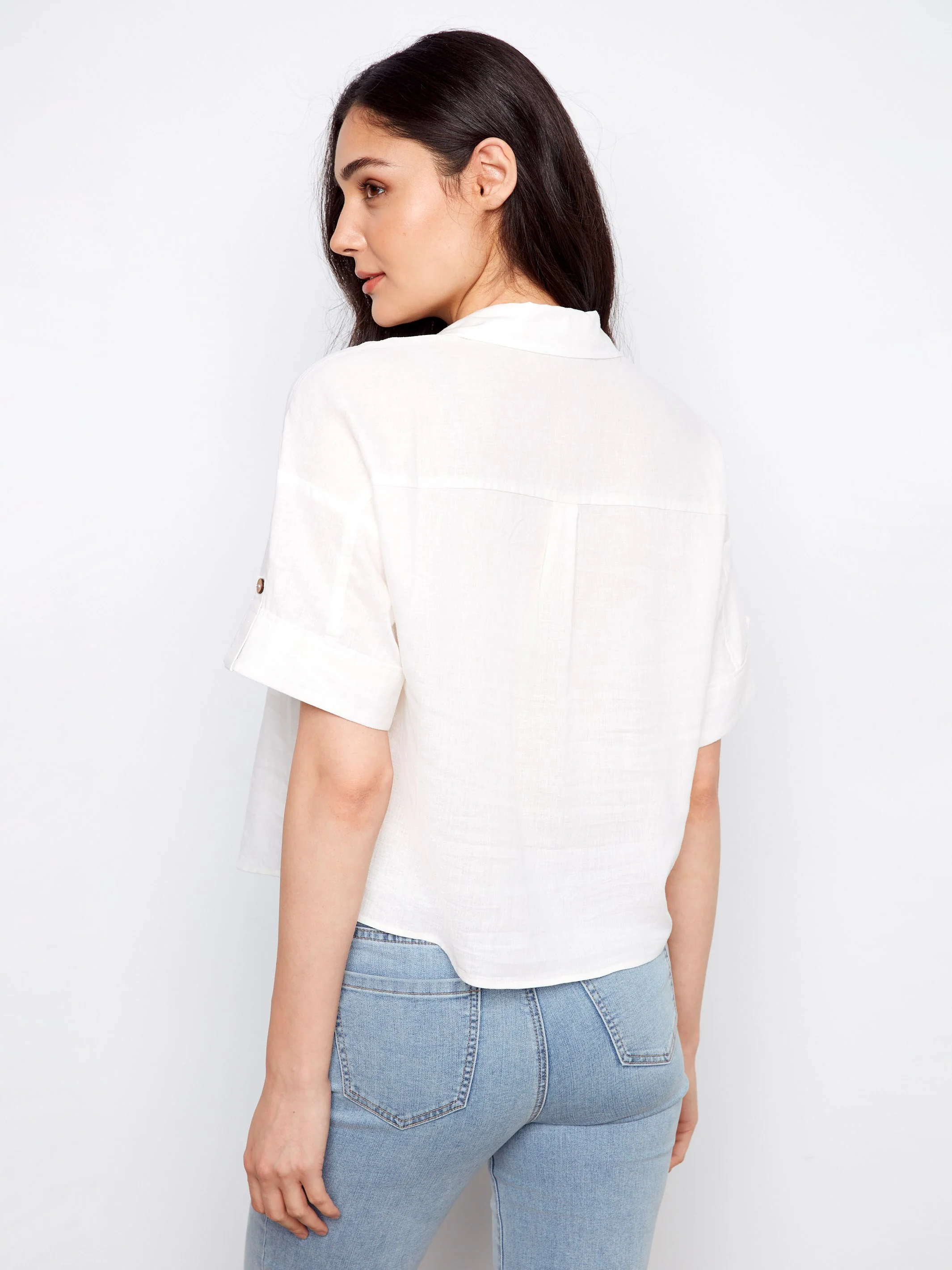 Short Sleeve Button-Front Linen Blend Shirt - White - Image 4
