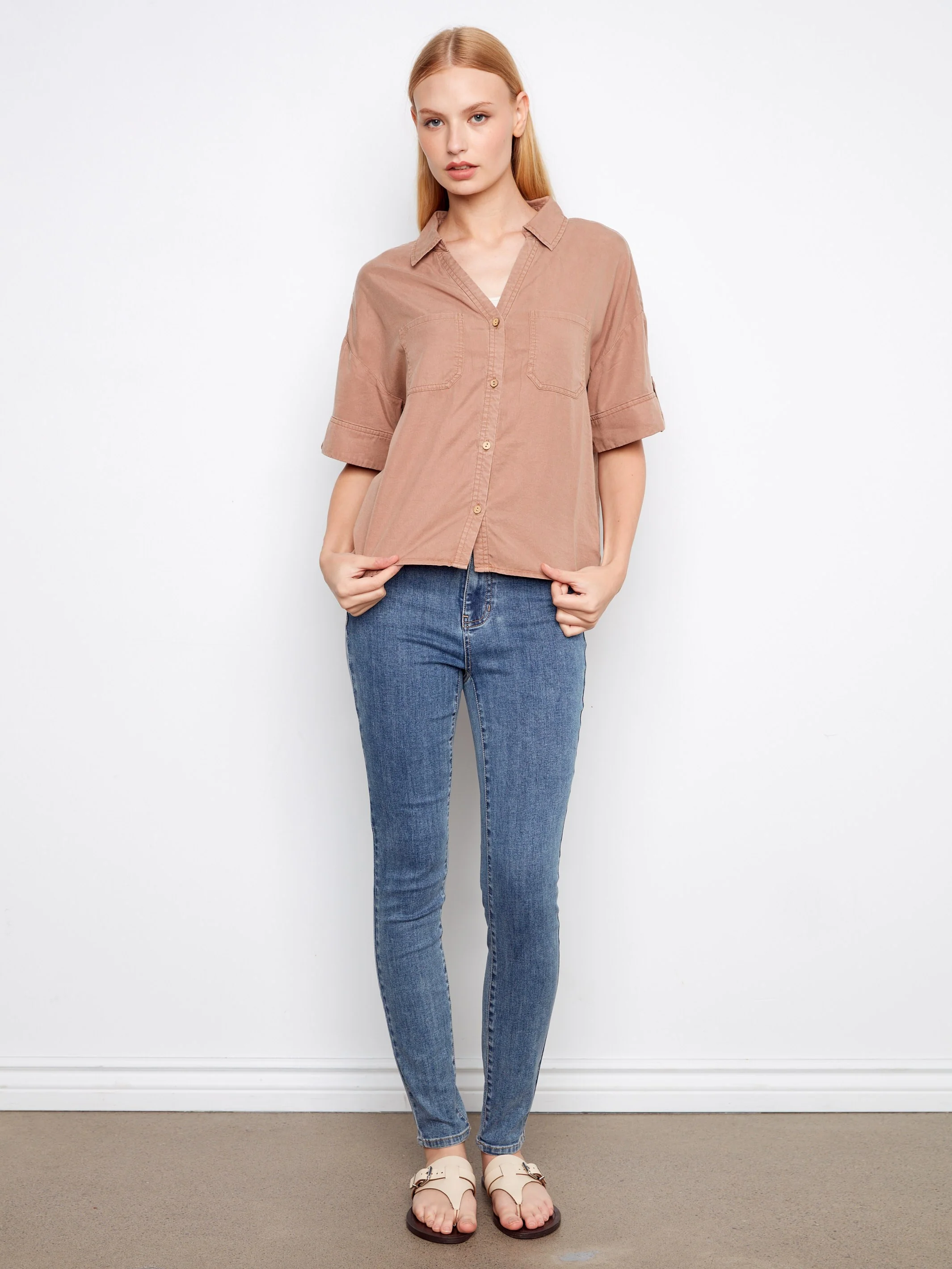 Short Sleeve Button-Front Tencel Shirt - Desert - Image 4