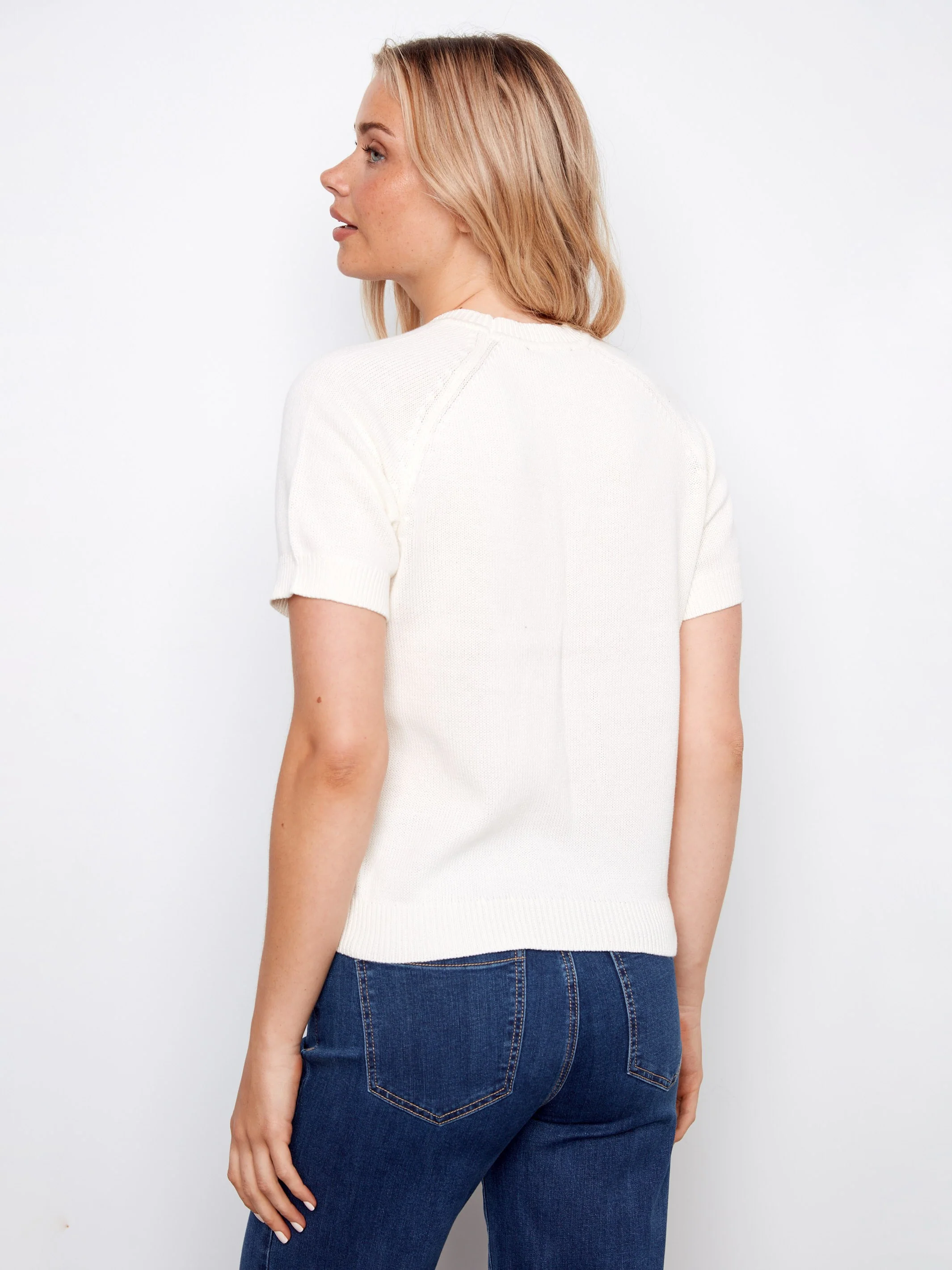 Short Sleeve Cotton Knit Top - White - Image 5