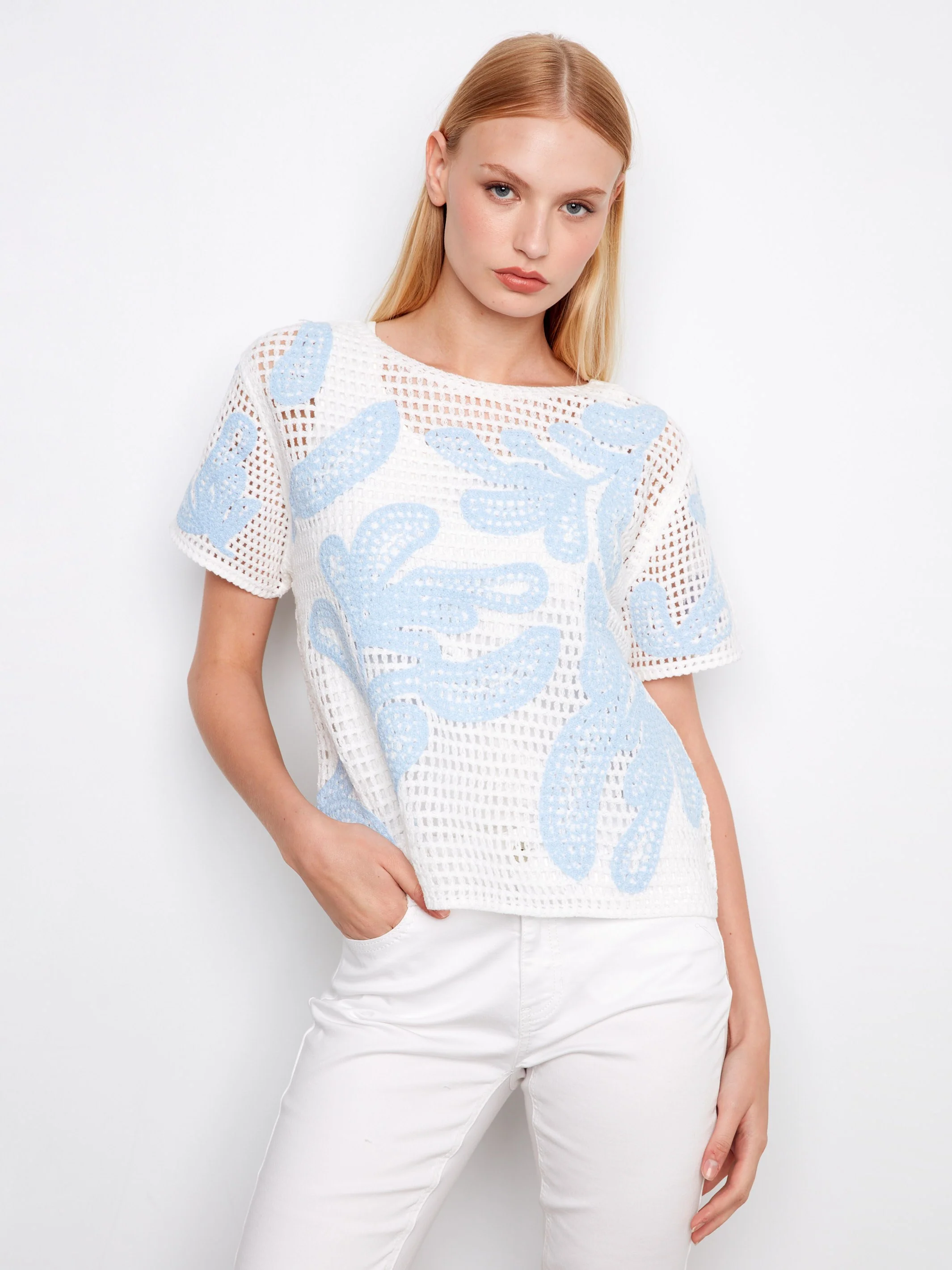 Short Sleeve Crochet Sweater - White