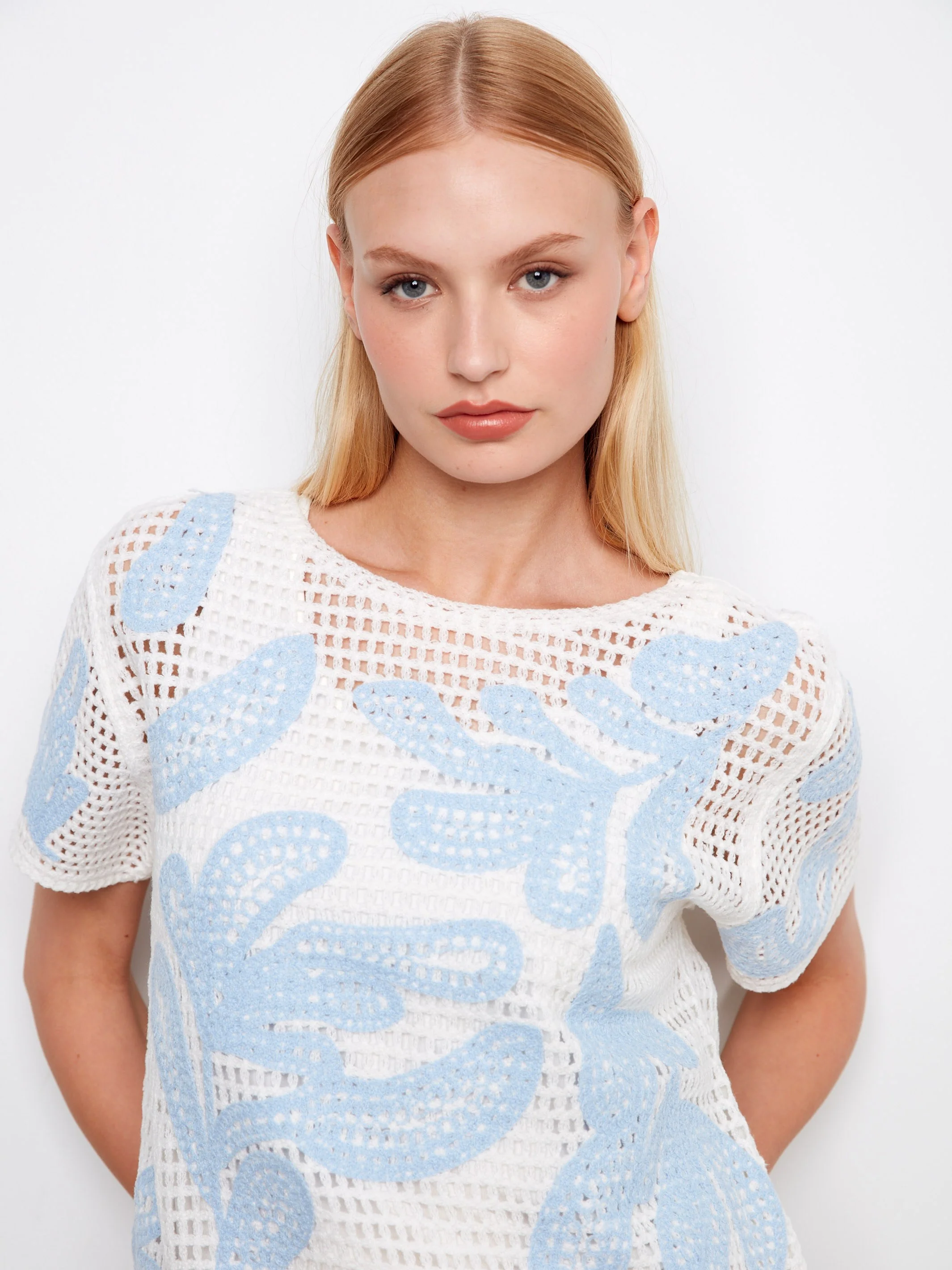 Short Sleeve Crochet Sweater - White - Image 2
