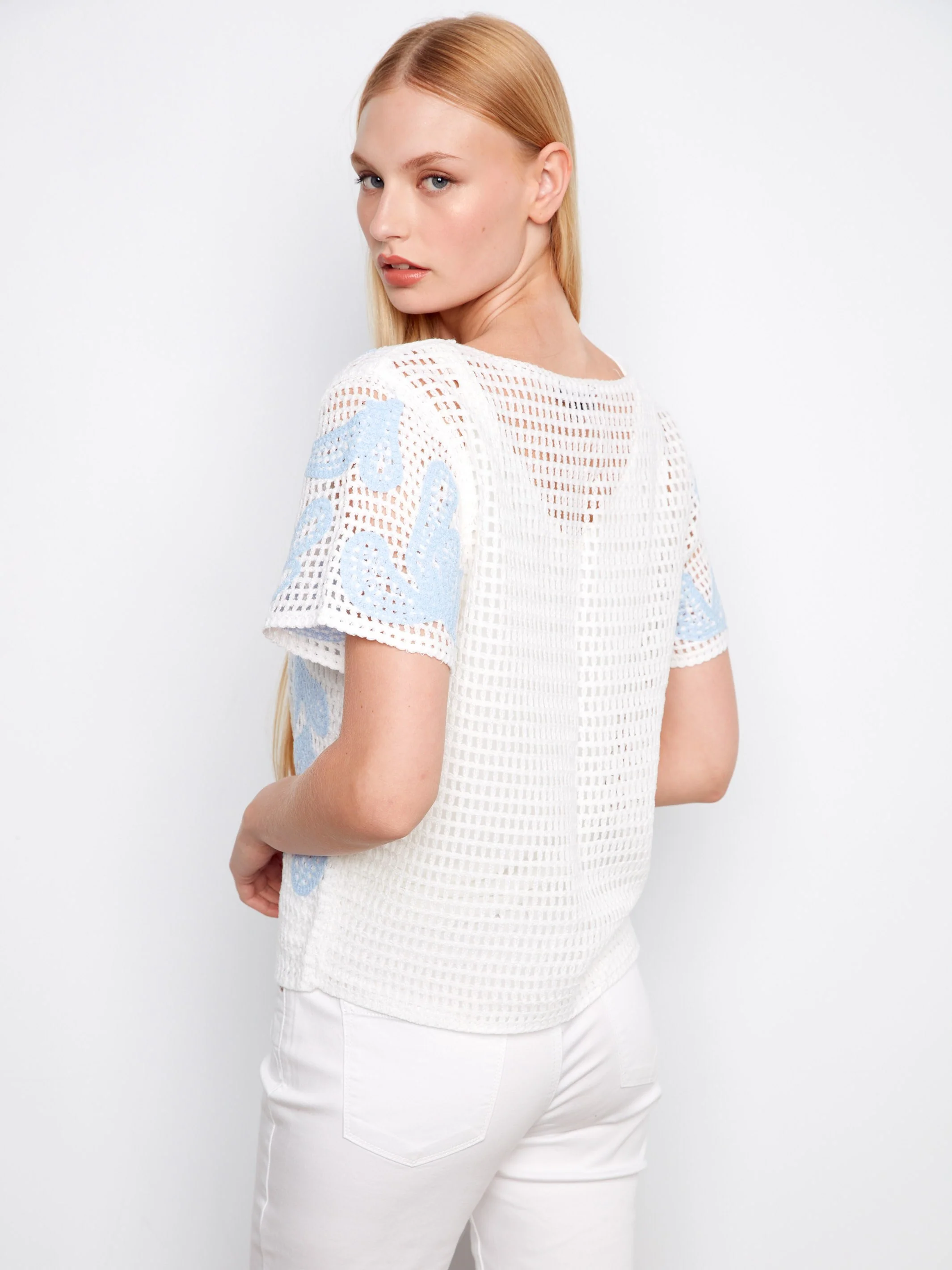 Short Sleeve Crochet Sweater - White - Image 4