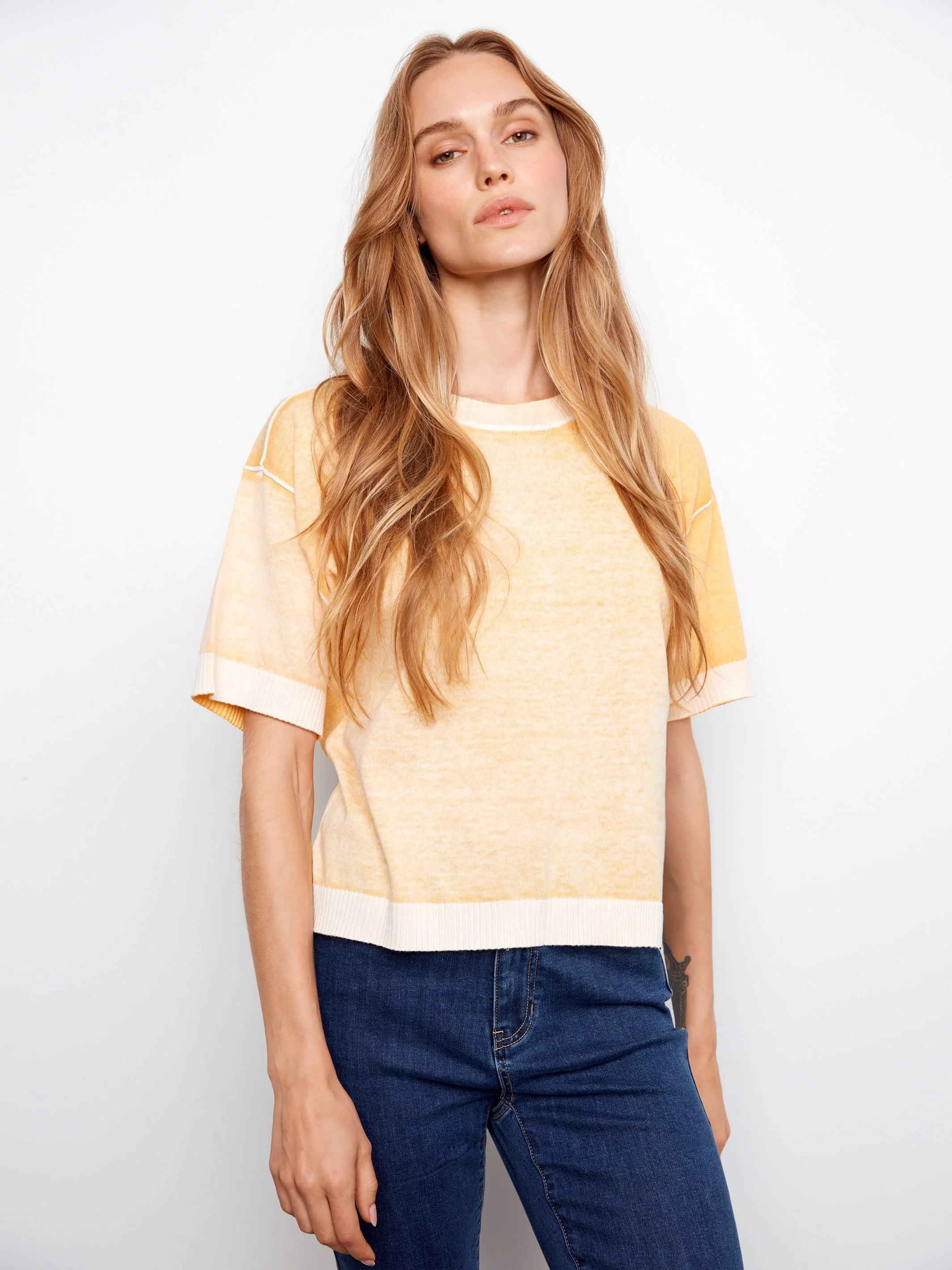 Short Sleeve Reverse Print Sweater - Sunshine - Image 4
