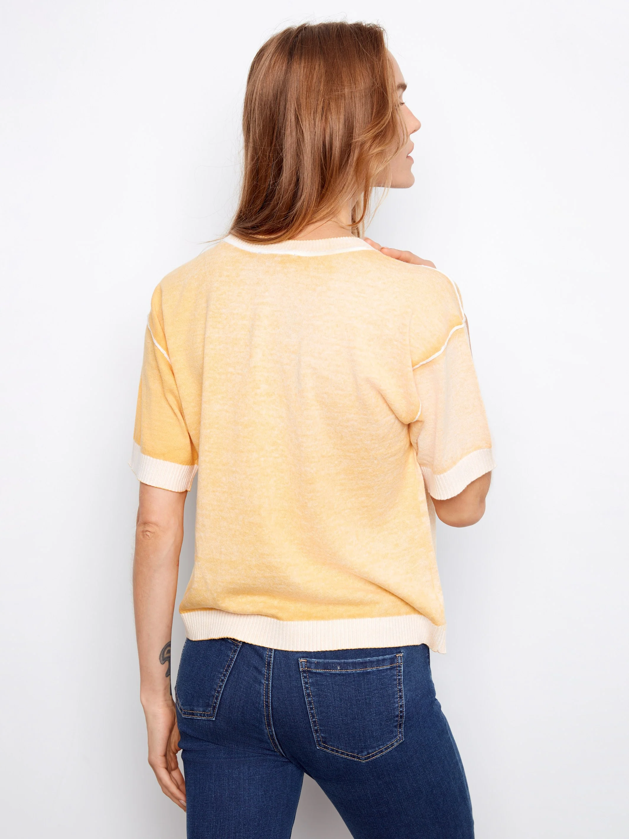 Short Sleeve Reverse Print Sweater - Sunshine - Image 5