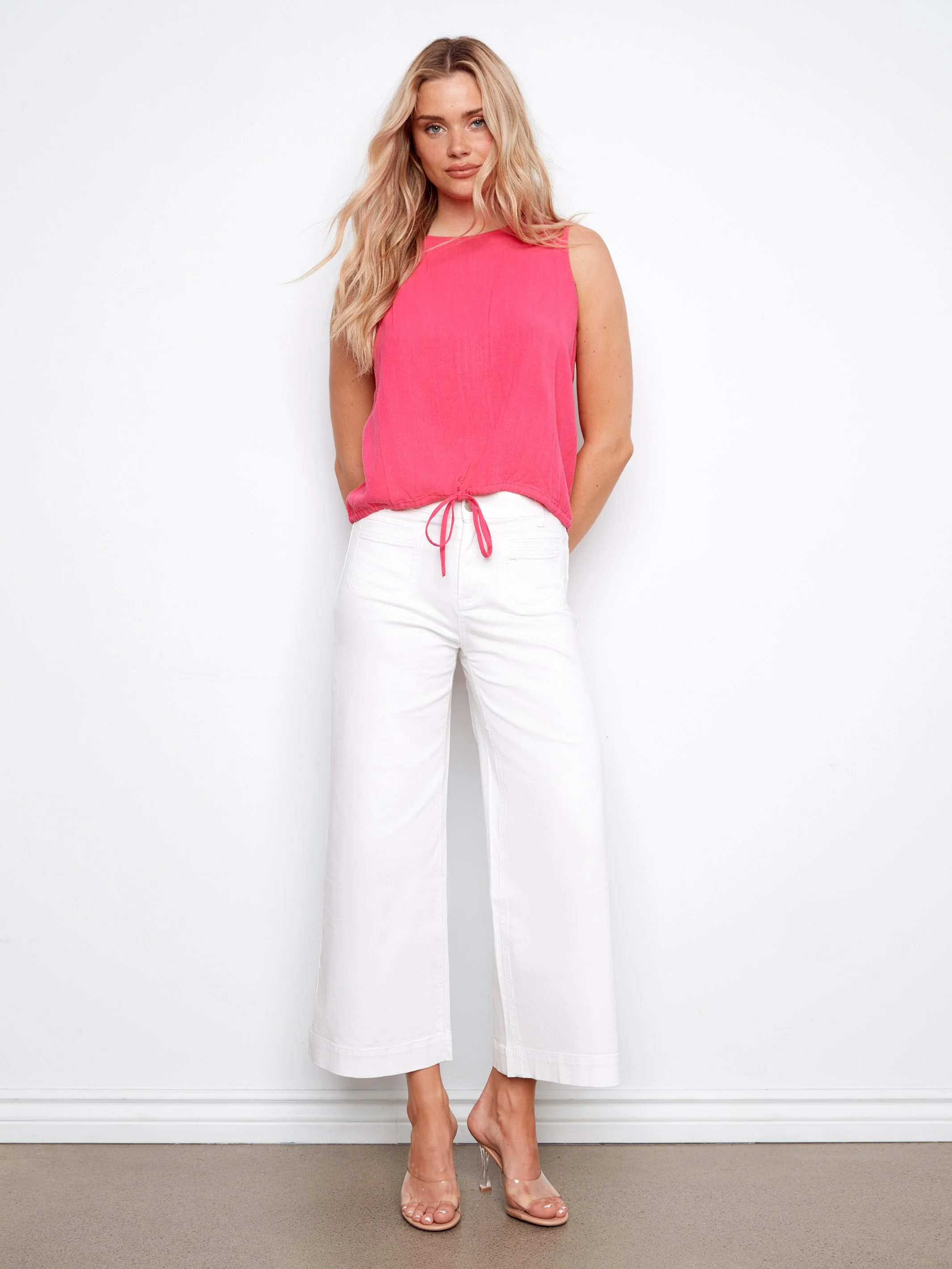 Sleeveless Linen Blend Top With Drawcord - Fuchsia - Image 2