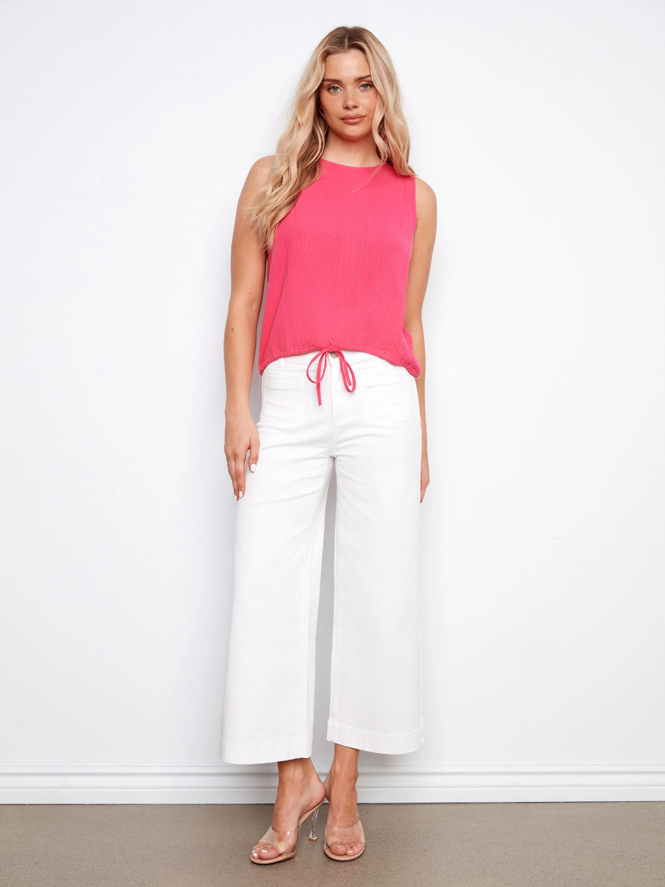Sleeveless Linen Blend Top With Drawcord - Fuchsia - Image 6
