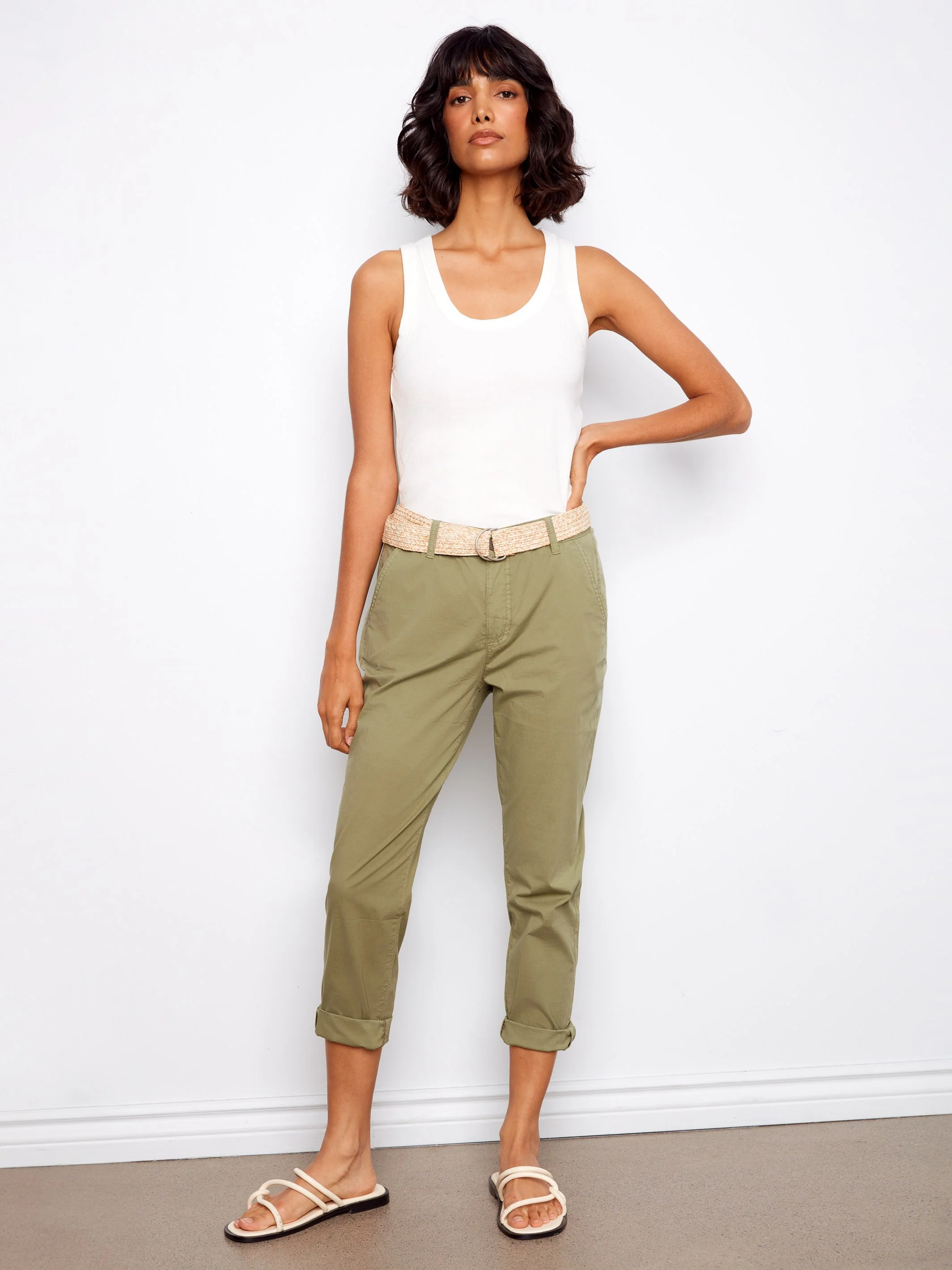 Slim Fit Pants With Belt - Celadon