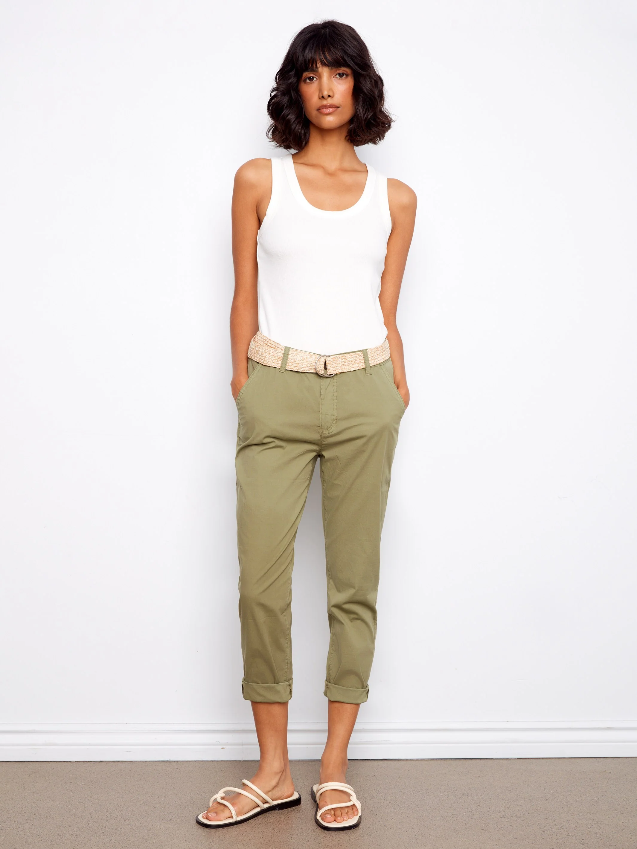 Slim Fit Pants With Belt - Celadon - Image 3