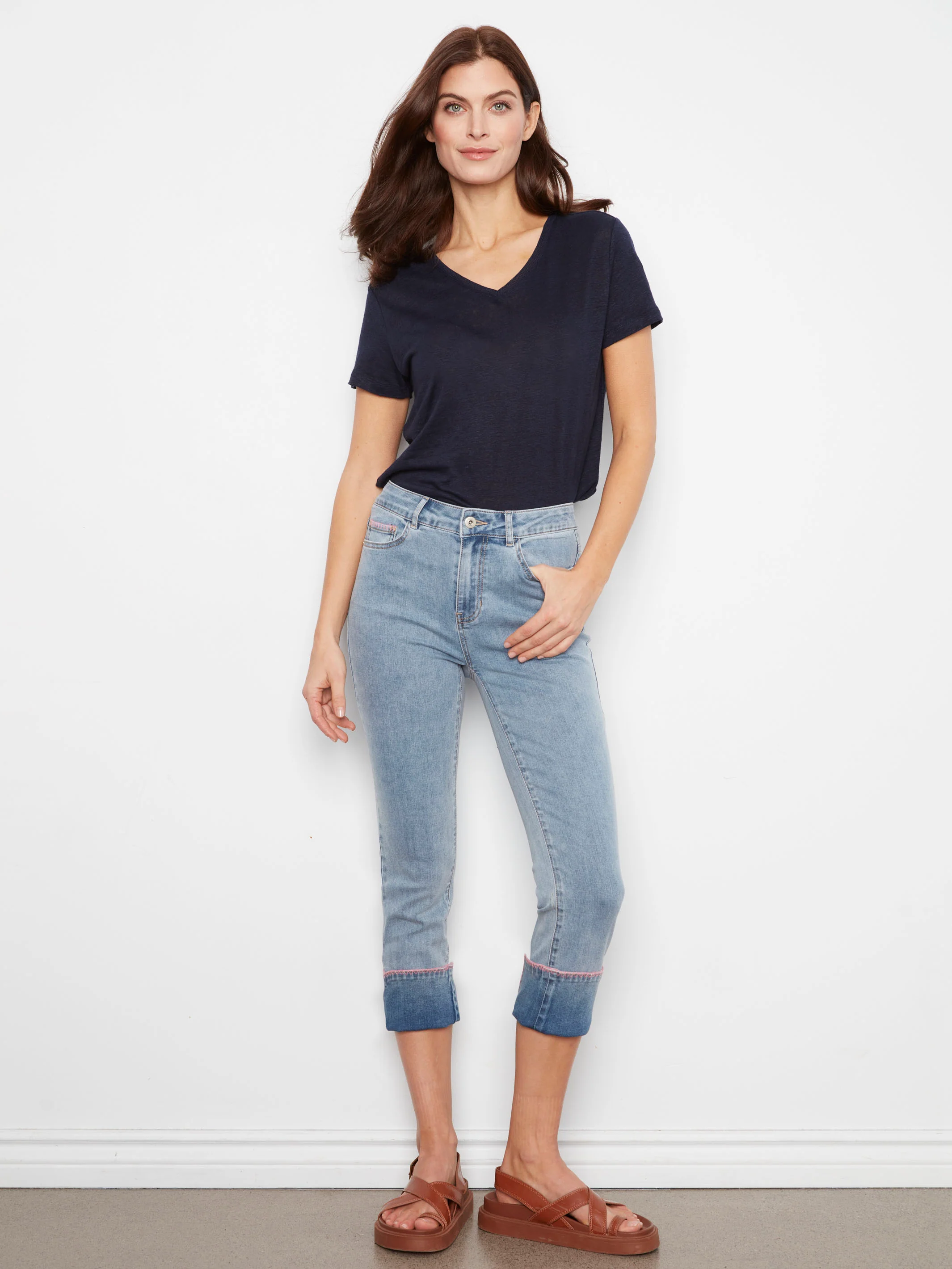 Slim Leg Jeans With Blanket Stitch Hem - Light Blue - Image 2