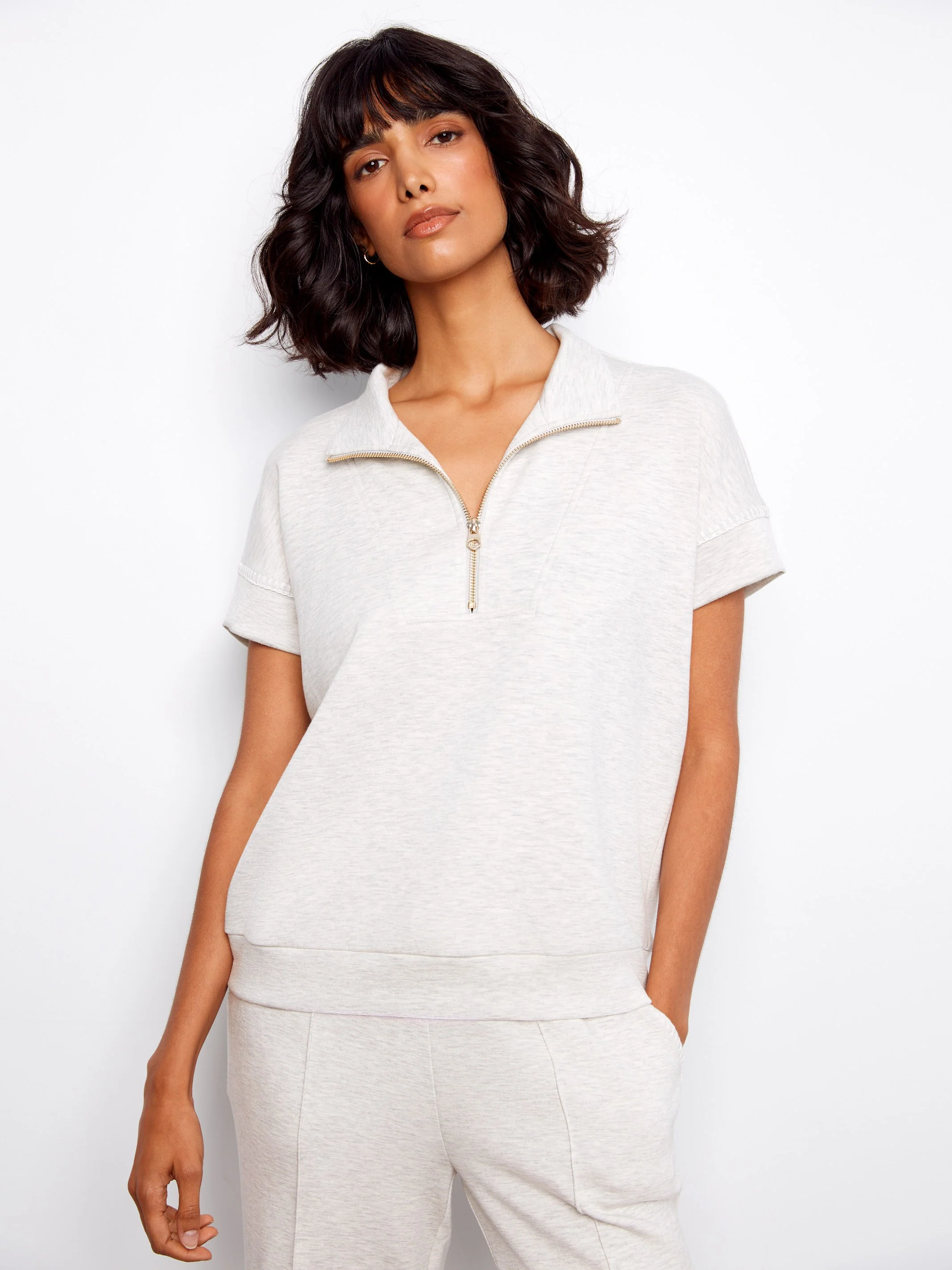 Soft Scuba Short Sleeve Half-Zip Top - Heather Light Grey - Image 3