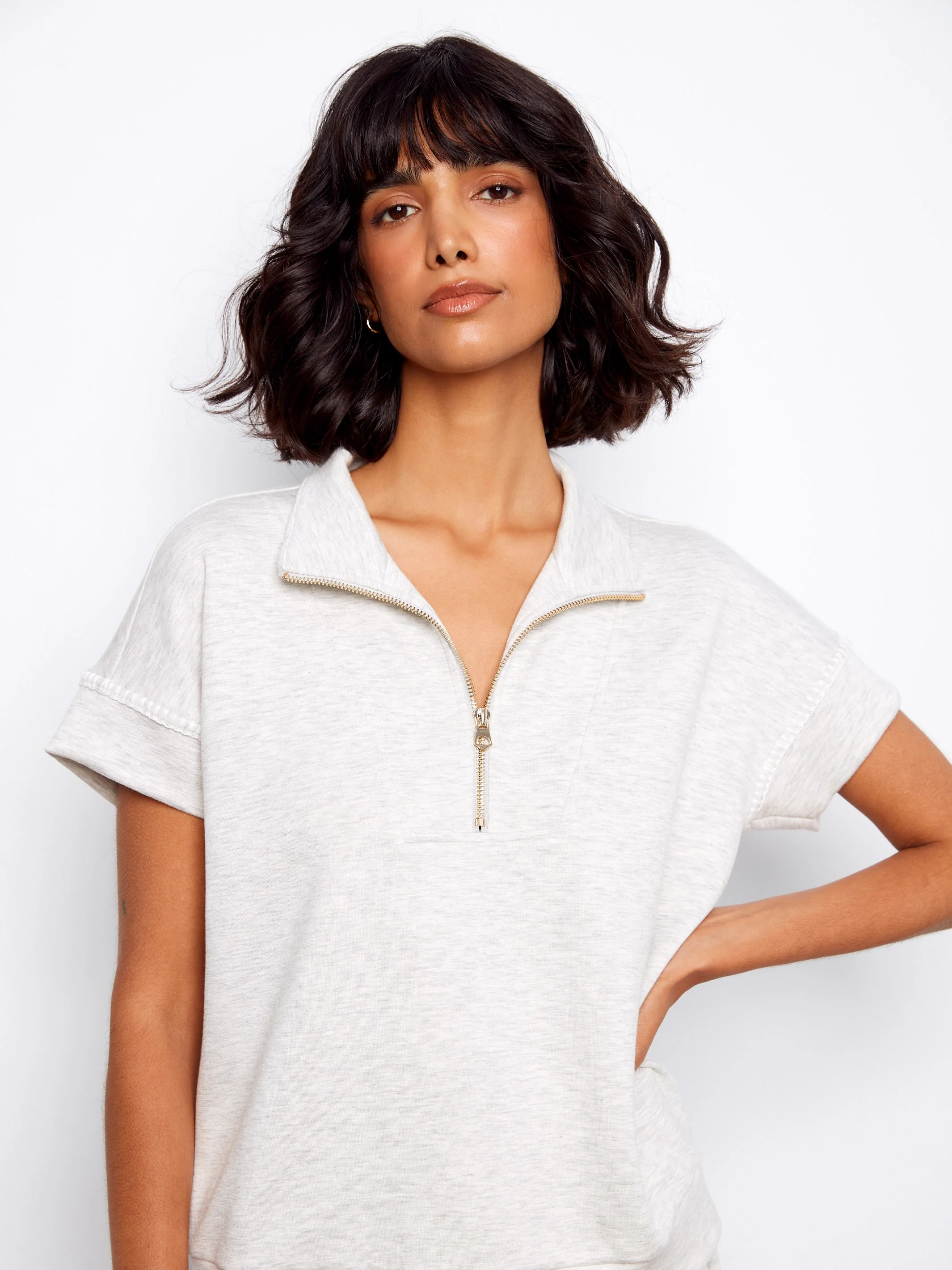 Soft Scuba Short Sleeve Half-Zip Top - Heather Light Grey - Image 5