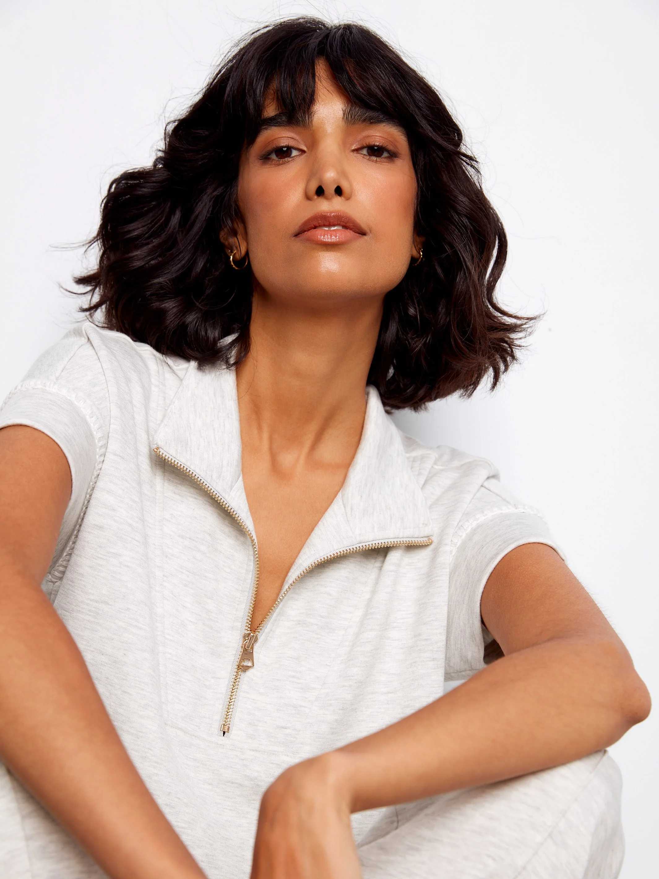 Soft Scuba Short Sleeve Half-Zip Top - Heather Light Grey - Image 8