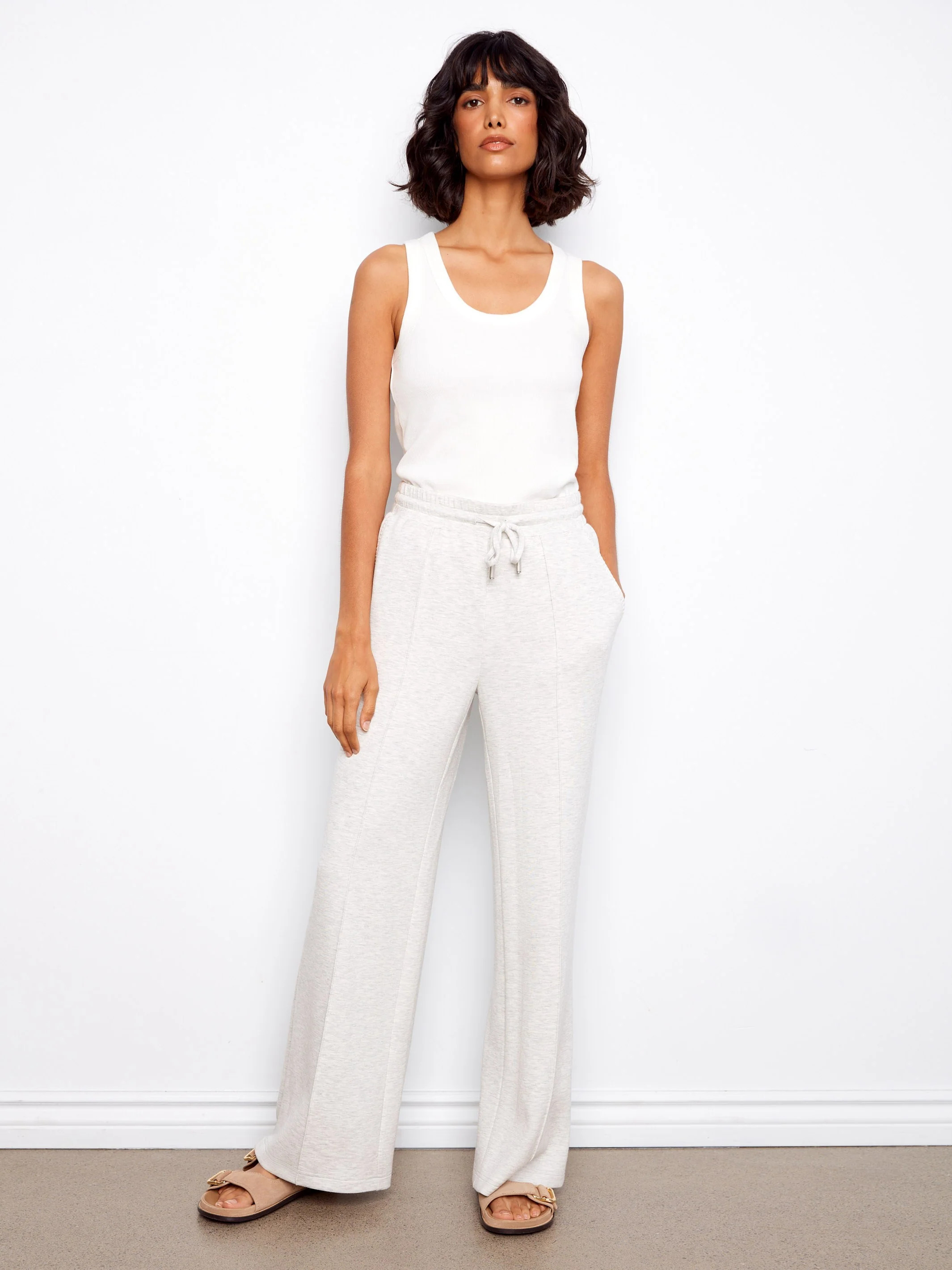 Soft Scuba Wide Leg Jogger Pants - Heather Light Grey - Image 3