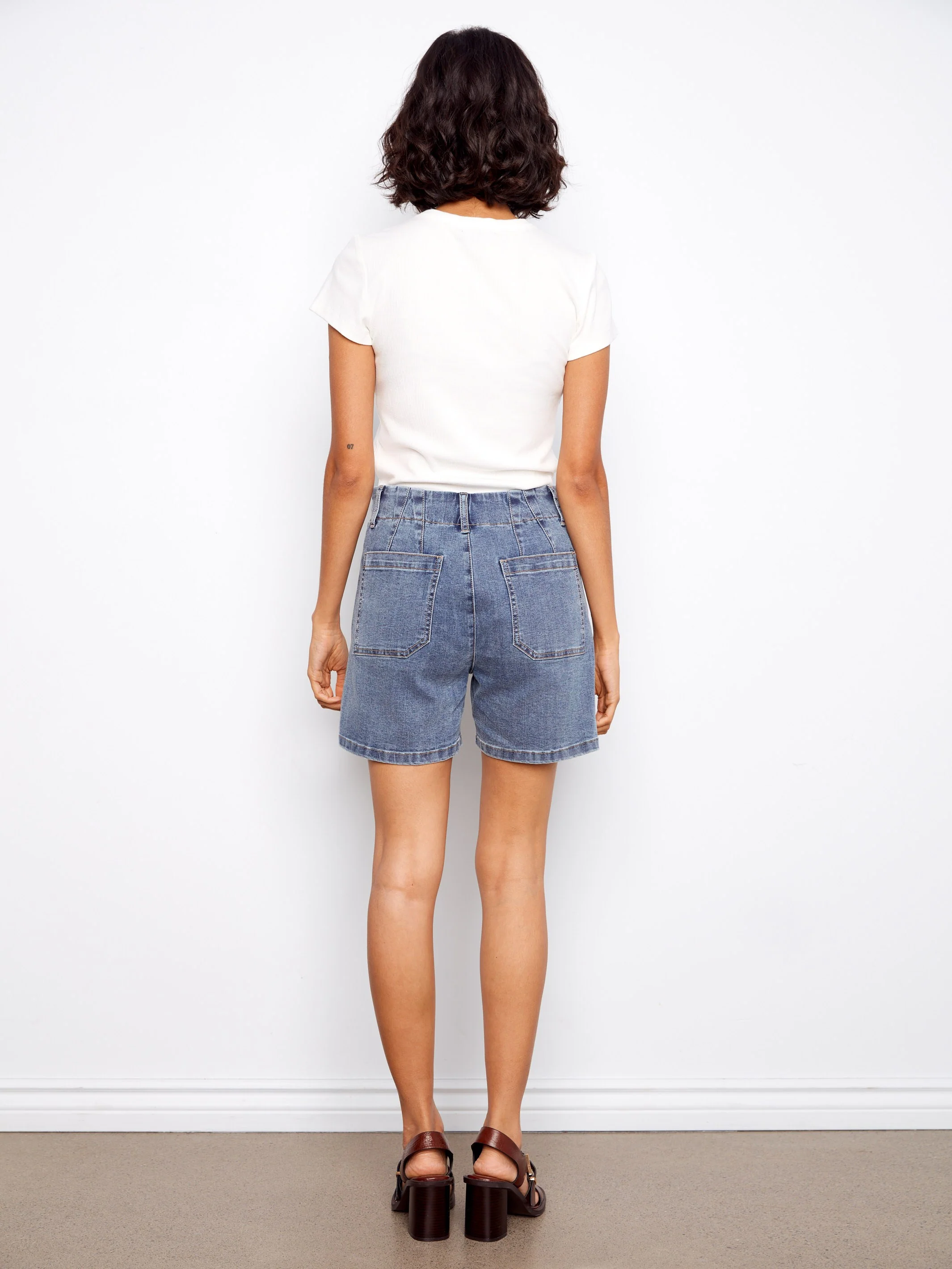 Stretch Denim Shorts With Patch Pockets - Medium Blue - Image 4