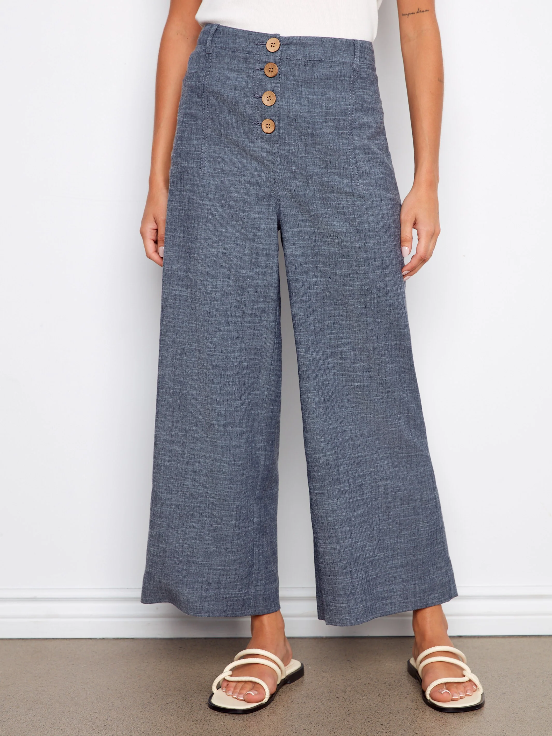 Stretch Linen Wide Leg Button-Front Pants - Indigo - Image 2