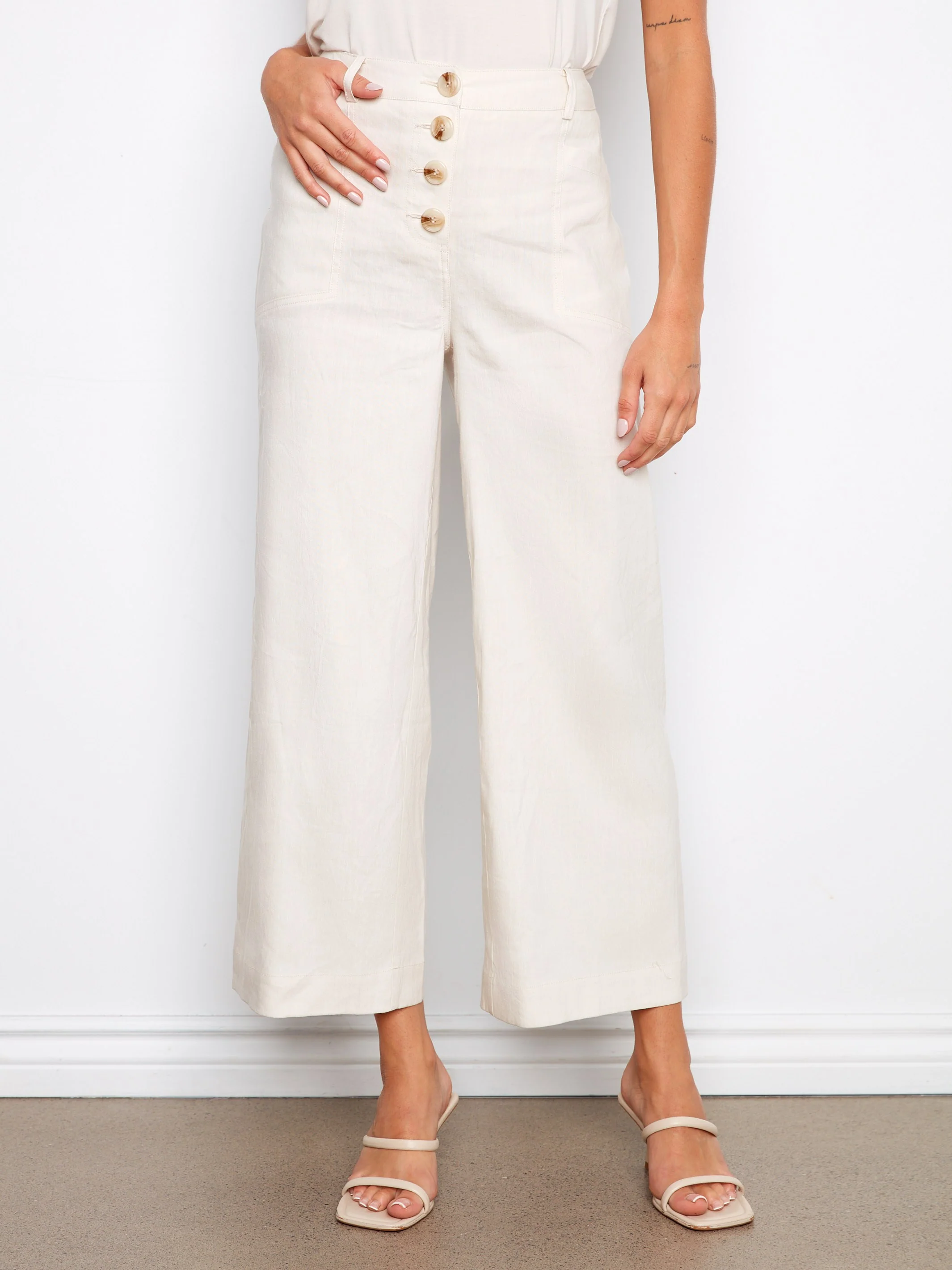 Stretch Linen Wide Leg Button-Front Pants - Natural - Image 4