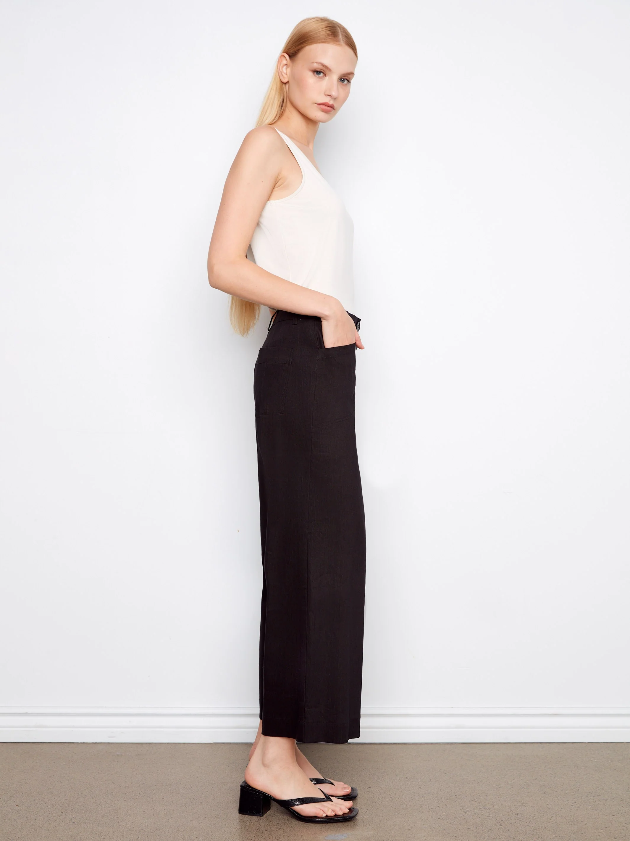Stretch Linen Wide Leg Button-Front Pants - Black - Image 3