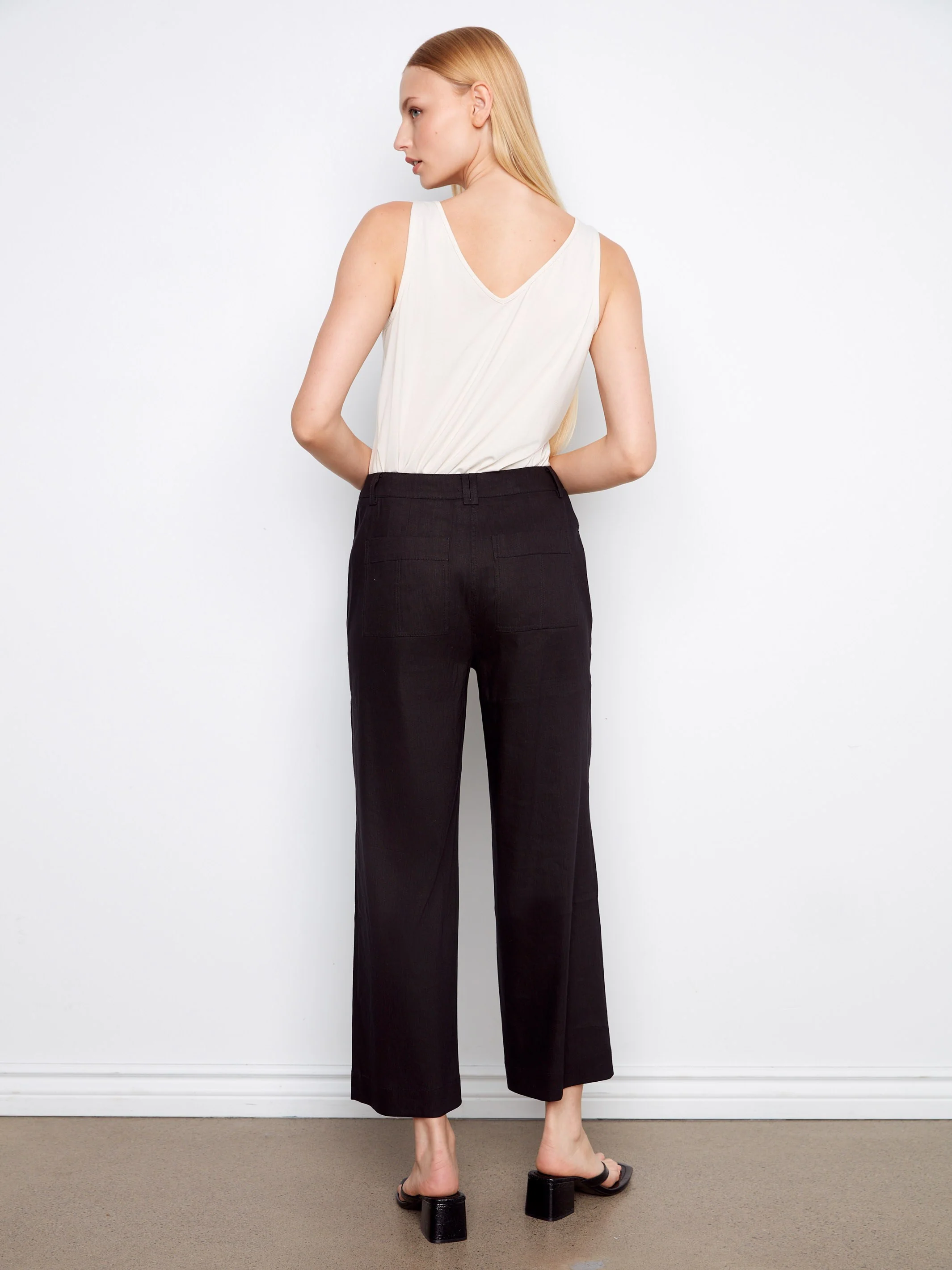 Stretch Linen Wide Leg Button-Front Pants - Black - Image 4