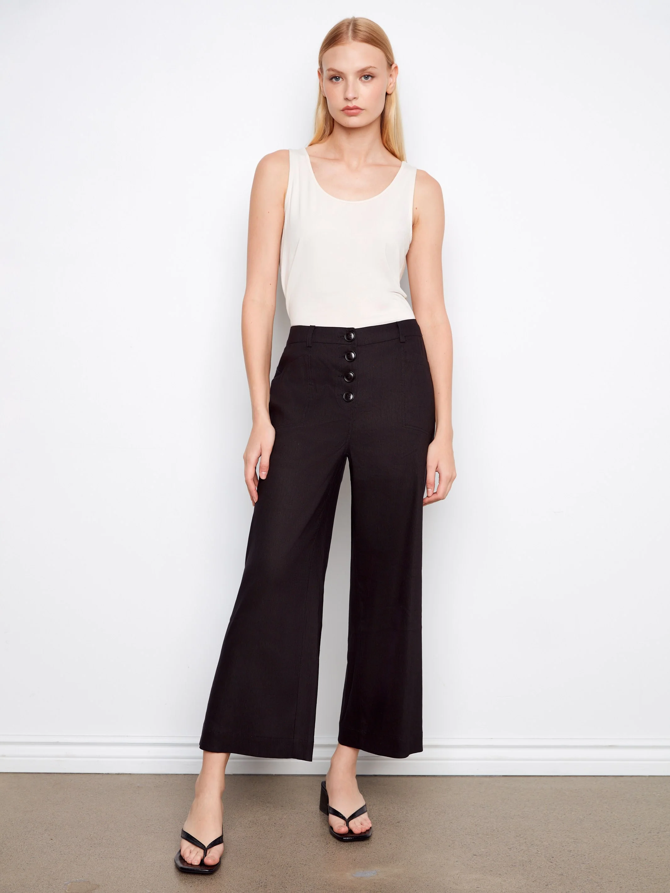 Stretch Linen Wide Leg Button-Front Pants - Black - Image 5