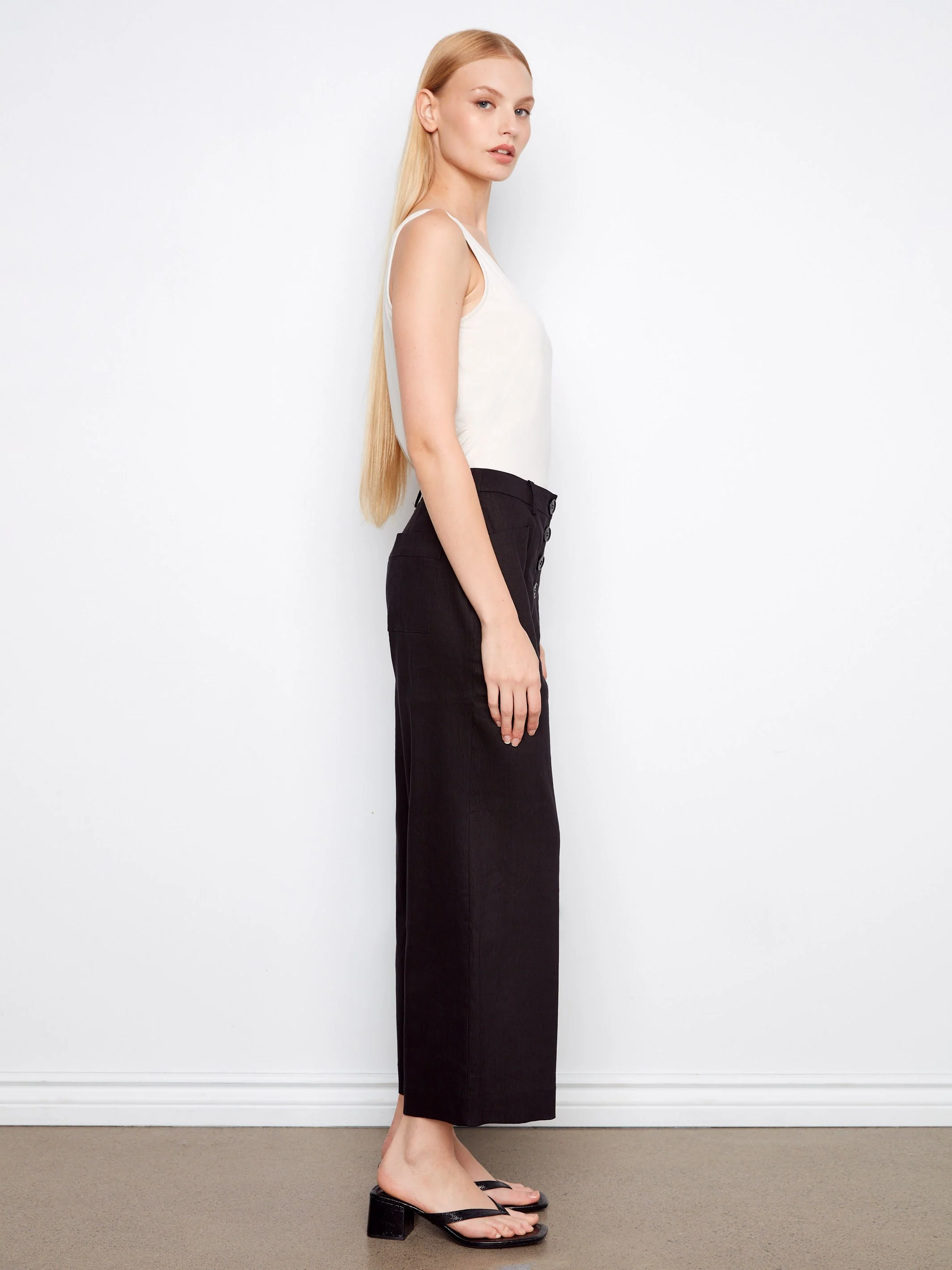 Stretch Linen Wide Leg Button-Front Pants - Black - Image 6