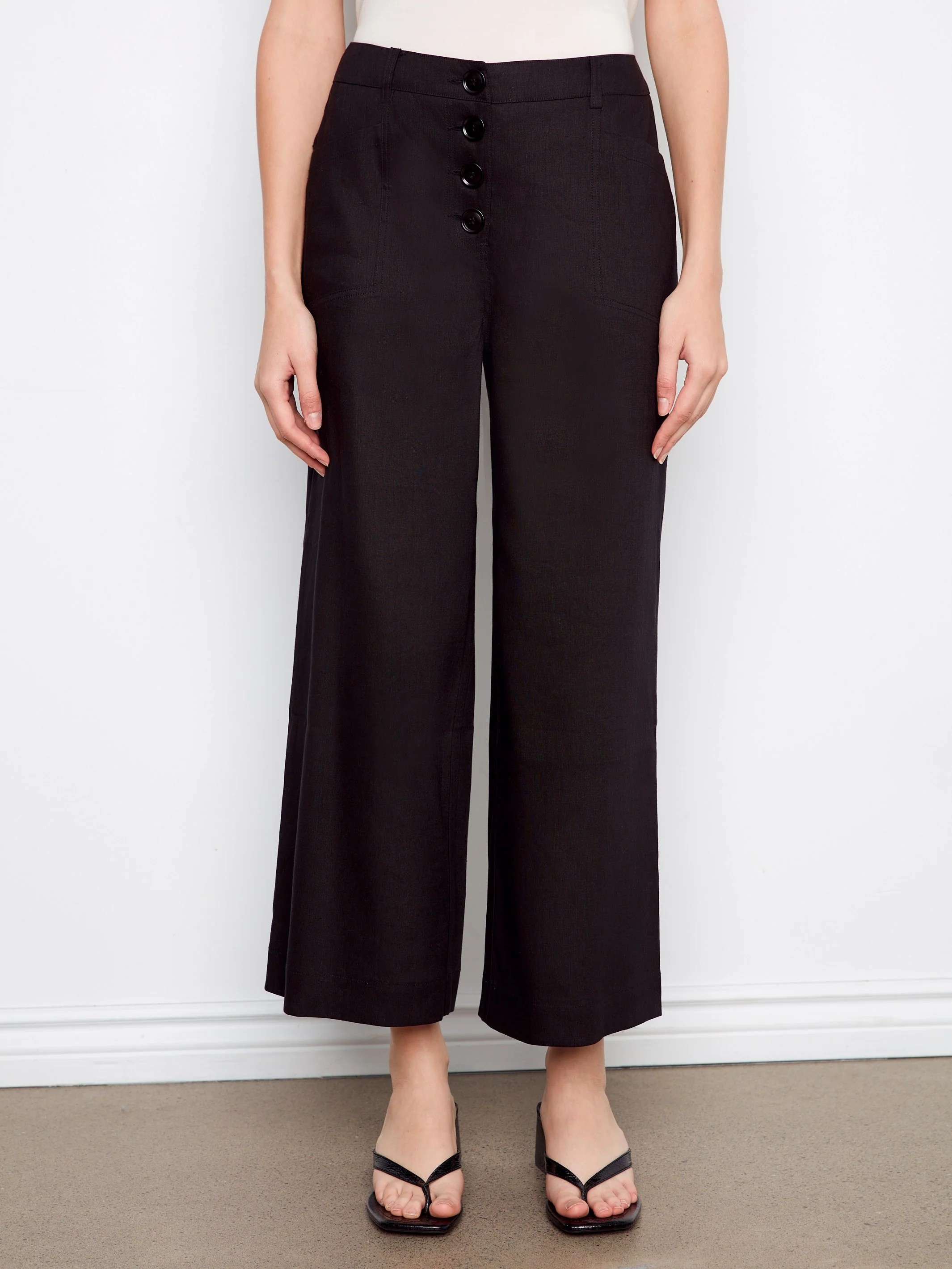 Stretch Linen Wide Leg Button-Front Pants - Black - Image 7