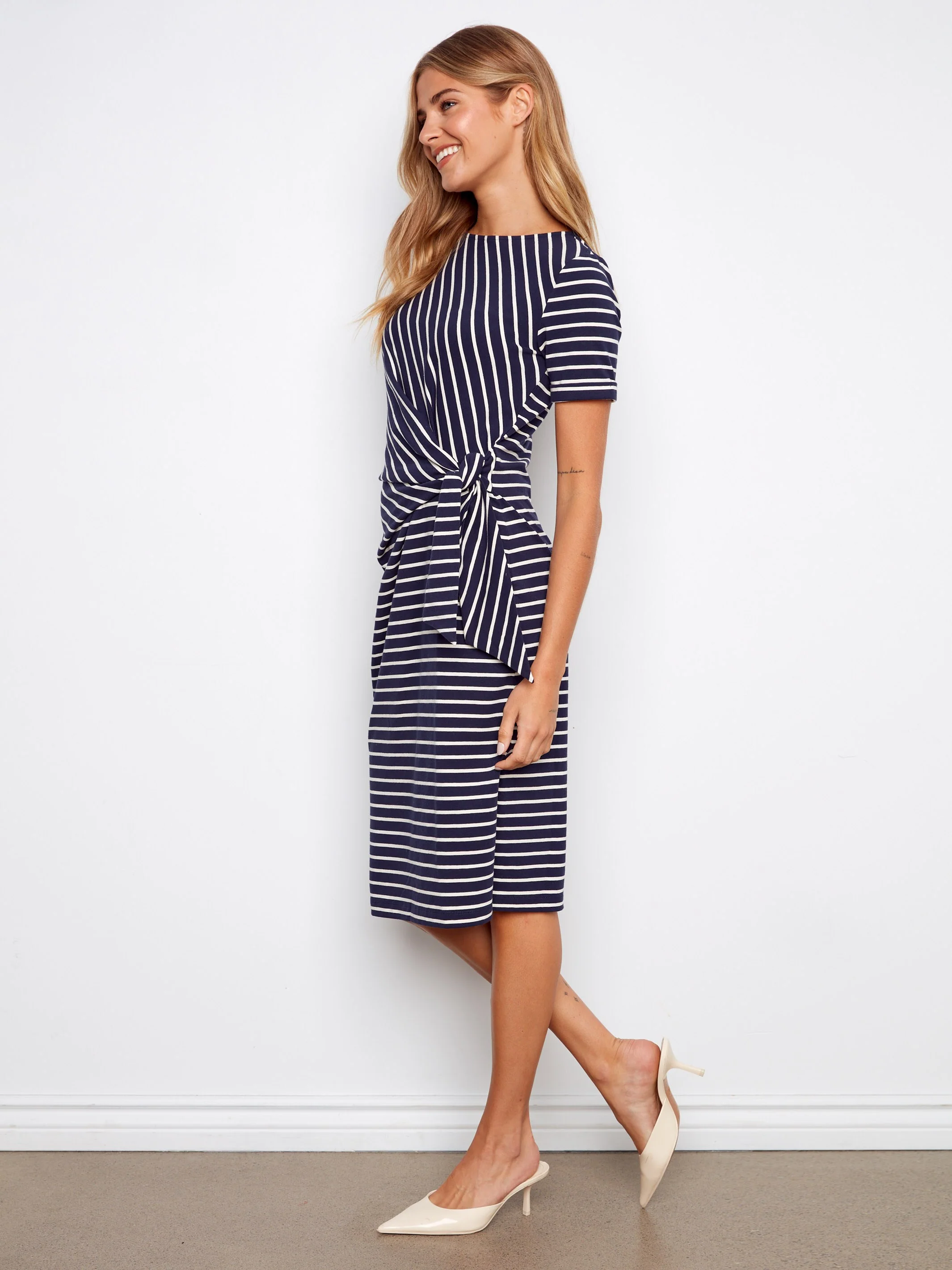 Striped Cotton Boat Neck Dress - Navy - Image 3