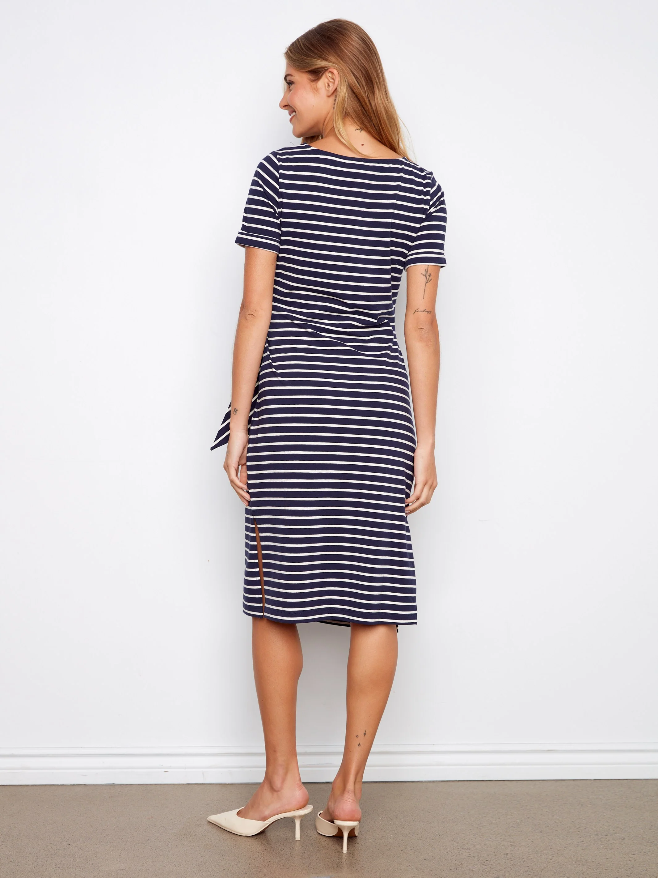 Striped Cotton Boat Neck Dress - Navy - Image 4
