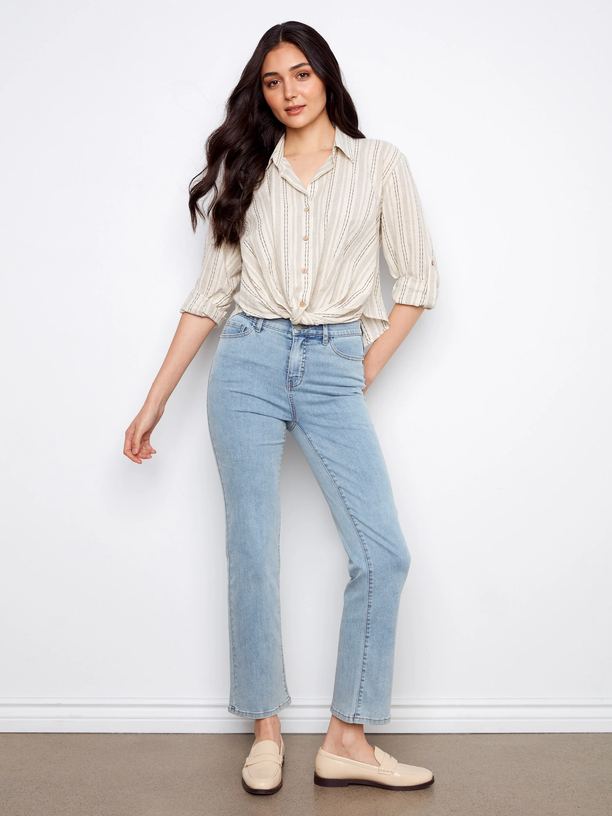 Striped Cotton-Linen Blend Shirt With Front Twist - Fog - Image 2