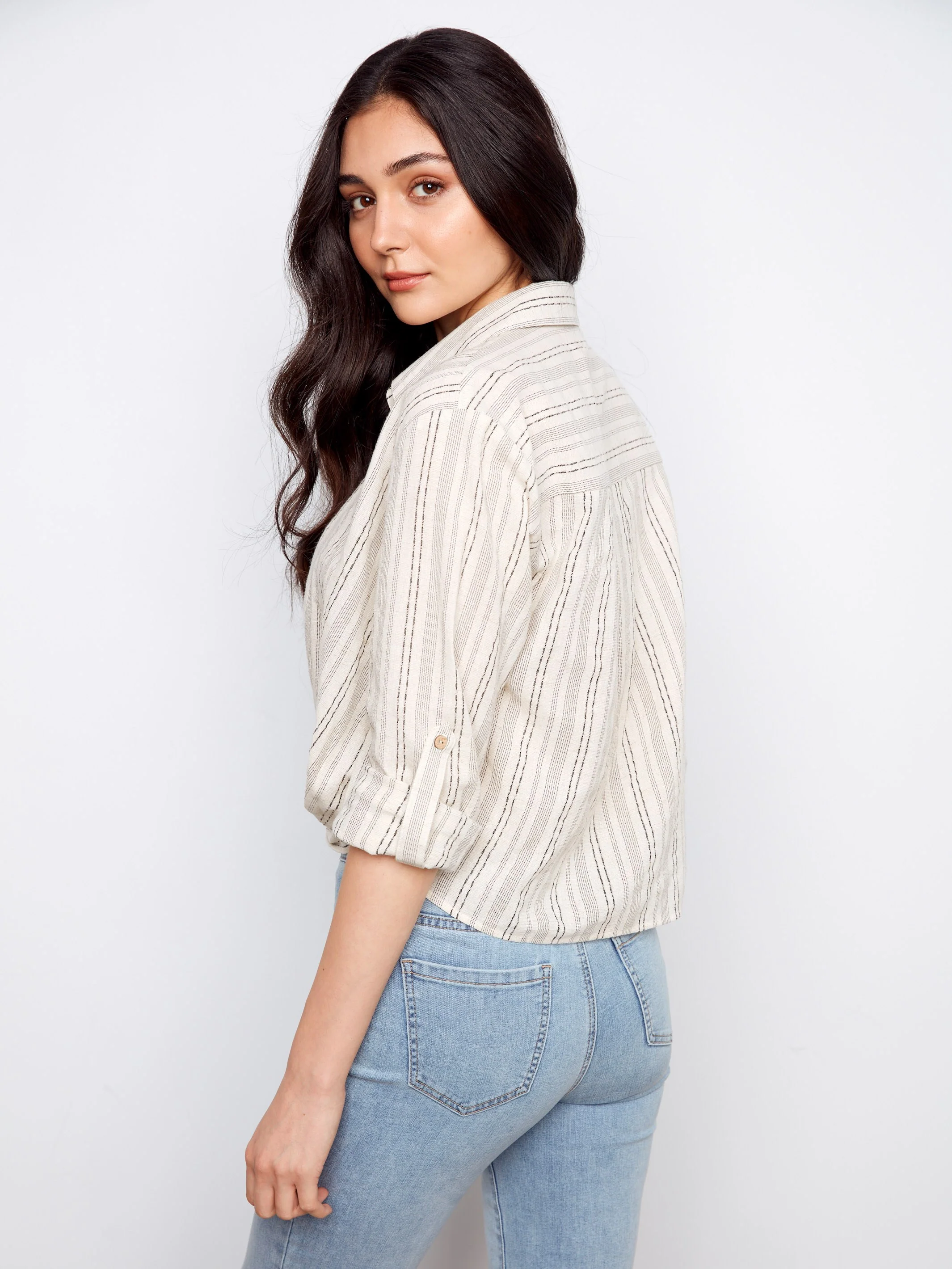 Striped Cotton-Linen Blend Shirt With Front Twist - Fog - Image 4