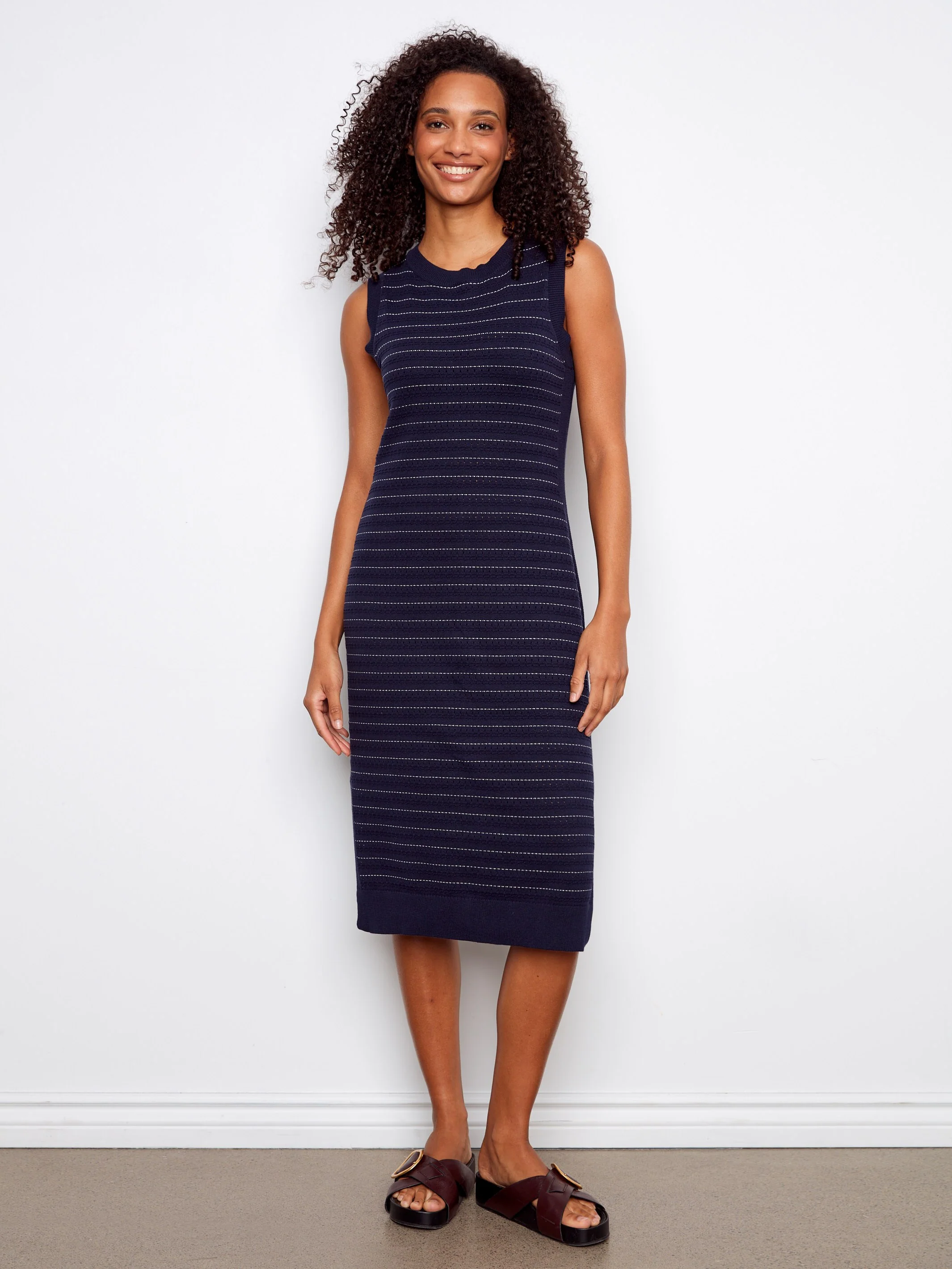 Striped Cotton Sleeveless Sweater Dress - Navy - Image 3